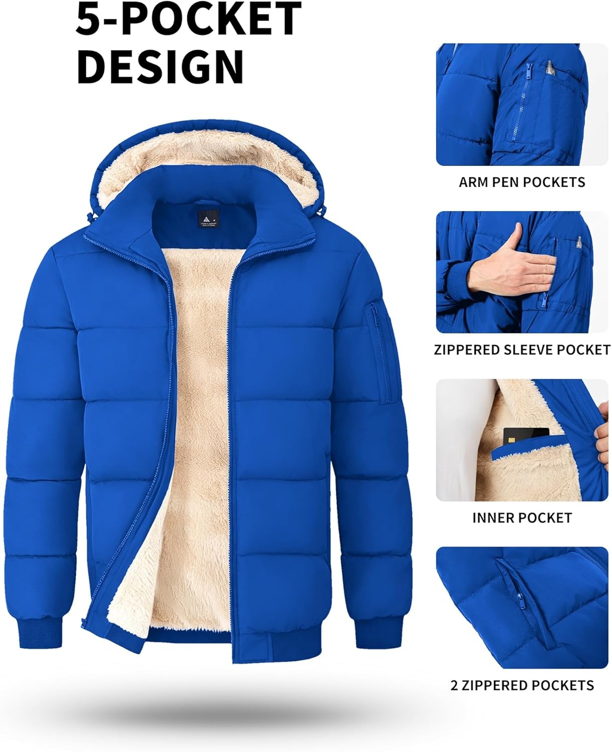 imageZITY Mens Puffer Jacket Warm Winter Coats Sherpa Fleece Parka Waterproof Thicken Insulated Padded Jackets with HoodRoyal Blue