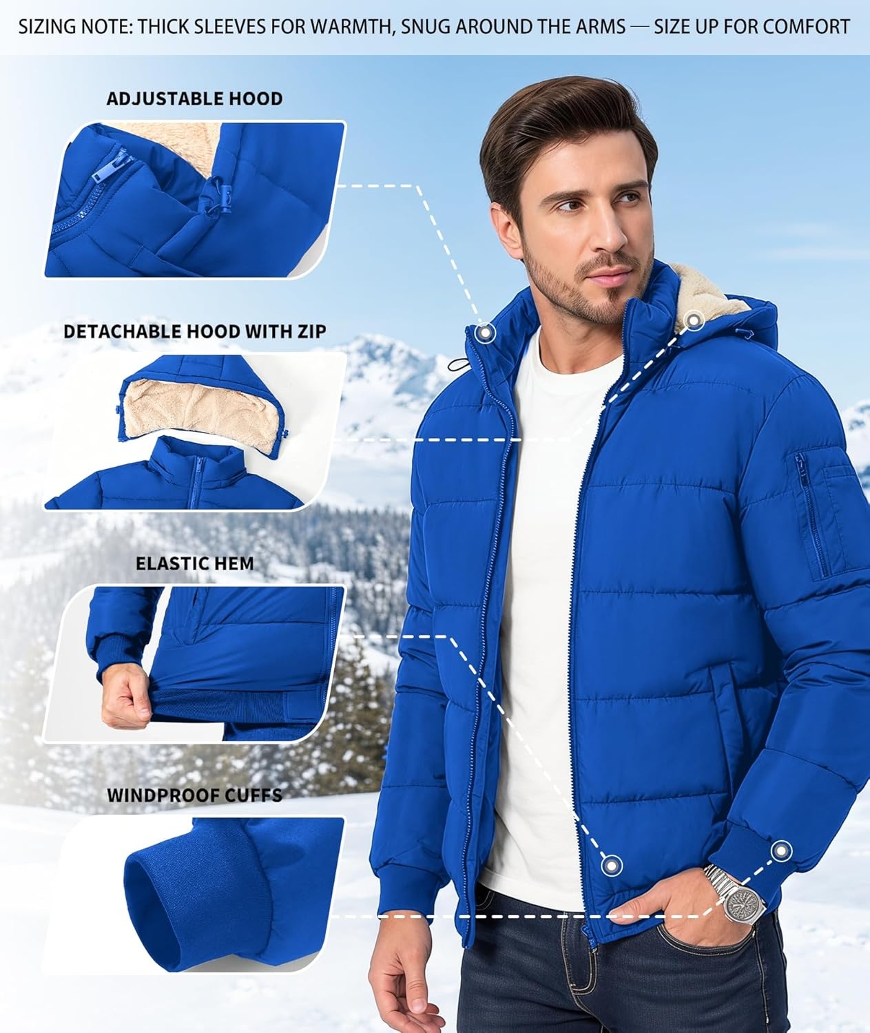 imageZITY Mens Puffer Jacket Warm Winter Coats Sherpa Fleece Parka Waterproof Thicken Insulated Padded Jackets with HoodRoyal Blue