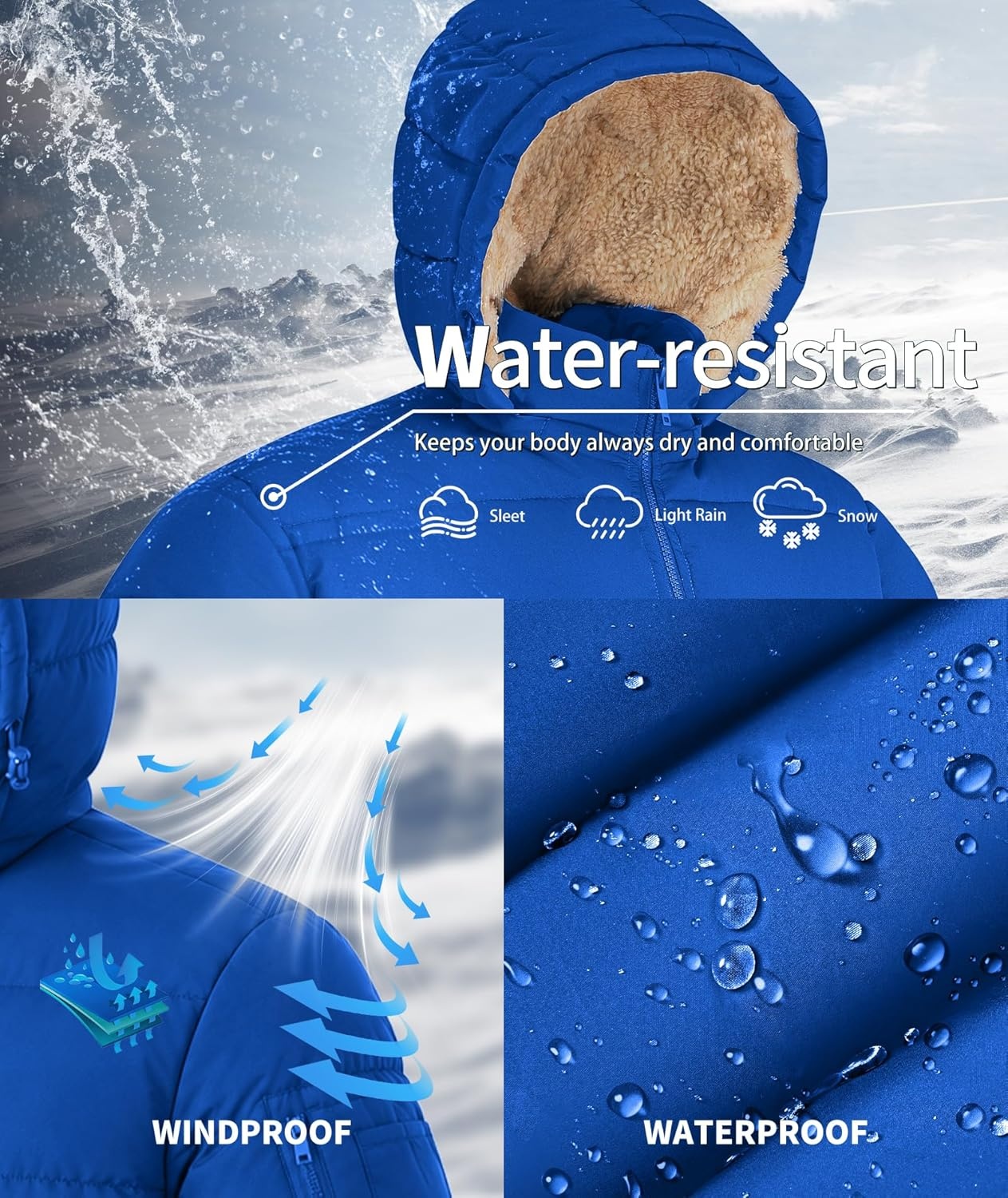 imageZITY Mens Puffer Jacket Warm Winter Coats Sherpa Fleece Parka Waterproof Thicken Insulated Padded Jackets with HoodRoyal Blue