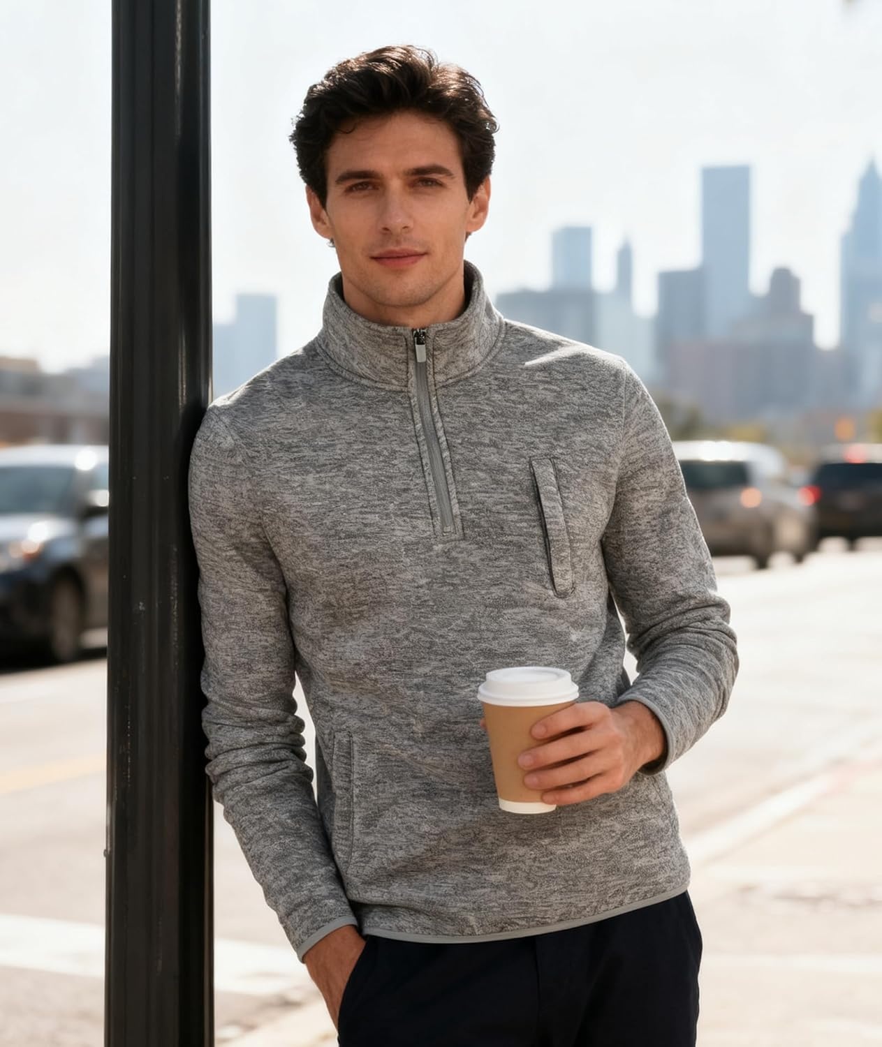imageZITY Mens Quarter Zip Pullover Mock Neck Fleece Lined Thermal Sweatshirt with Pocket Polo SweatersLight Grey