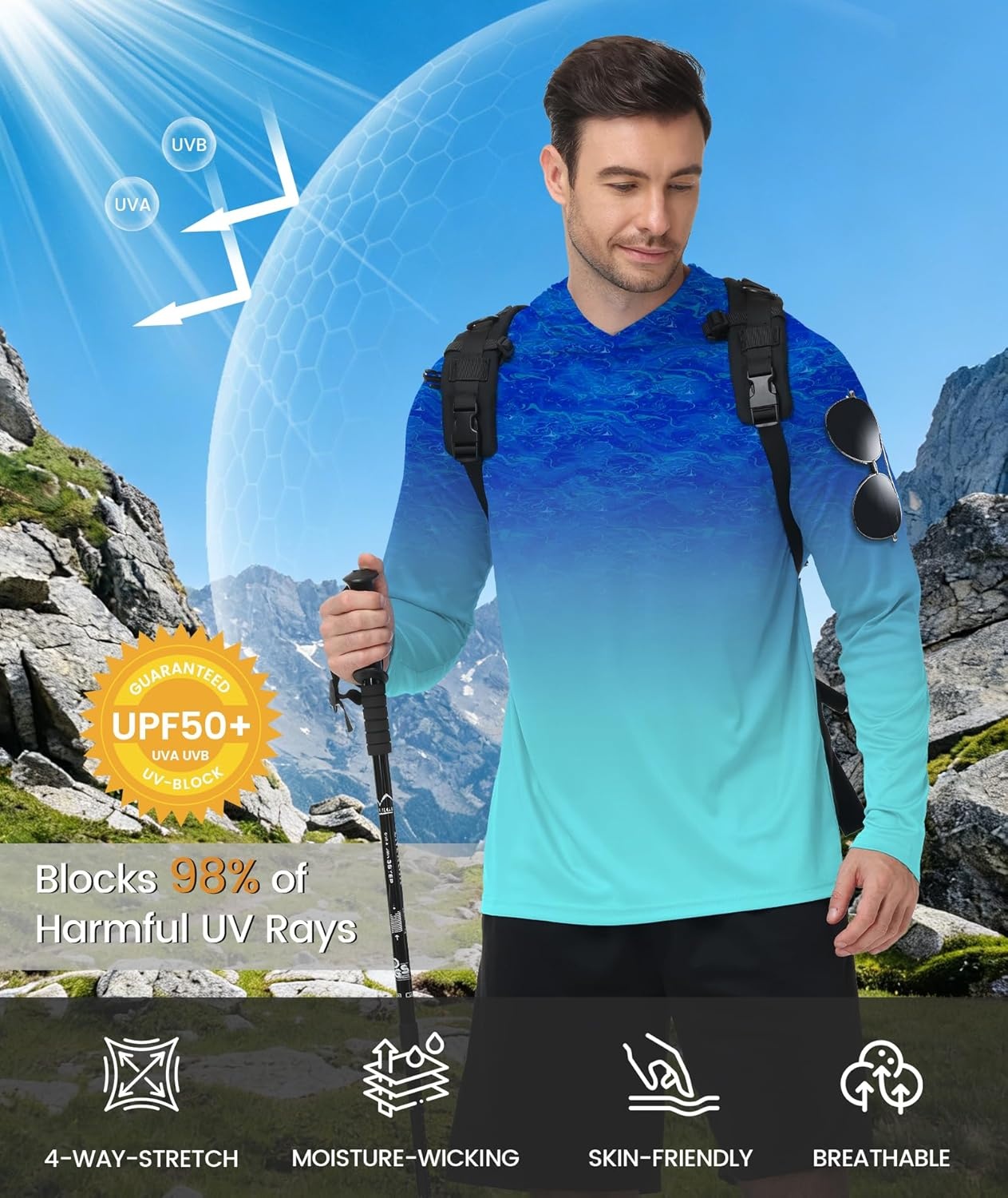 imageZITY Mens Sun Protection Shirts Long Sleeve Rash Guard Hoodie UV UPF 50 Fishing Running Athletic SweatshirtsAfunny Blue Fish
