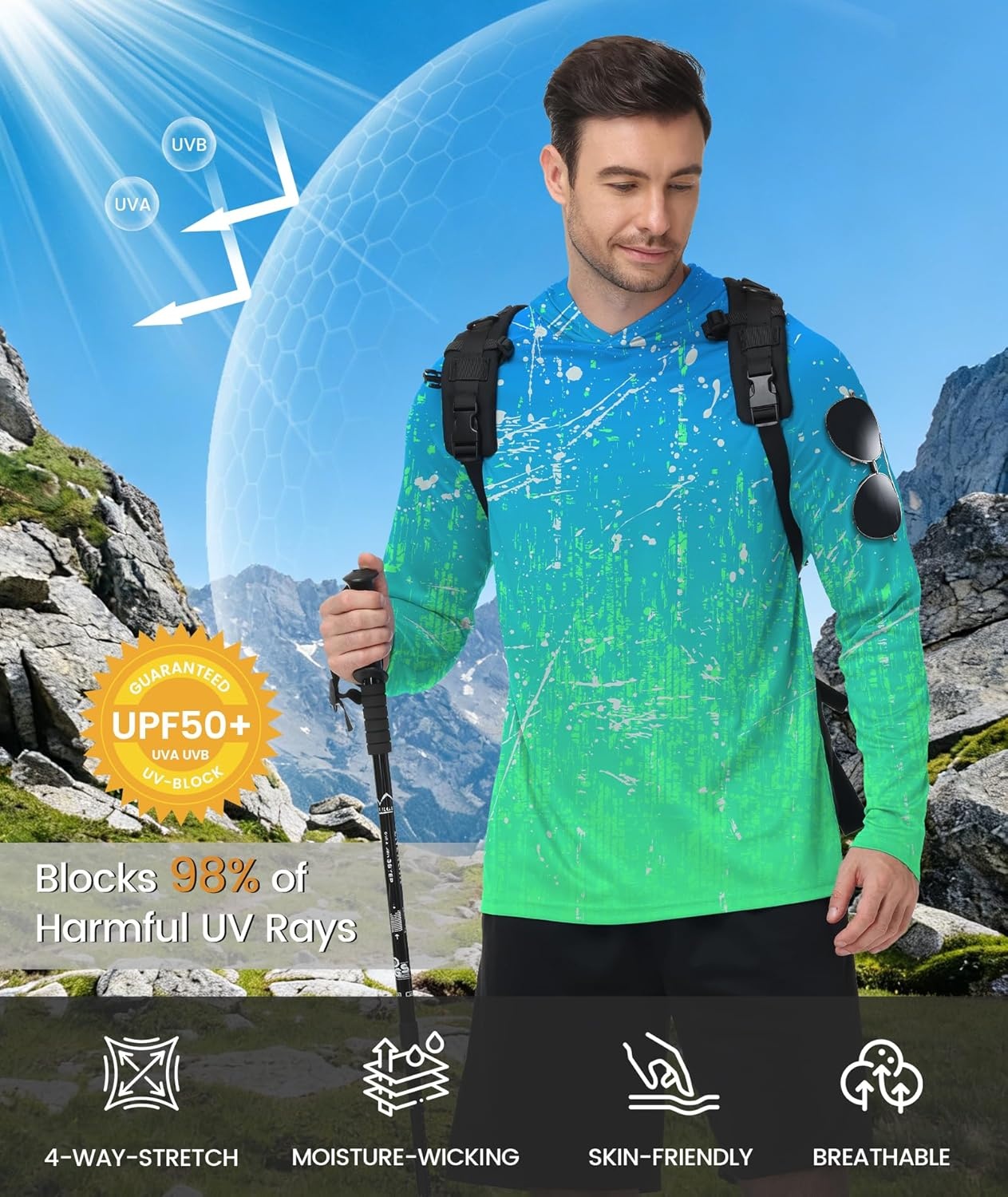imageZITY Mens Sun Protection Shirts Long Sleeve Rash Guard Hoodie UV UPF 50 Fishing Running Athletic SweatshirtsAfunny Blue Green Gradient