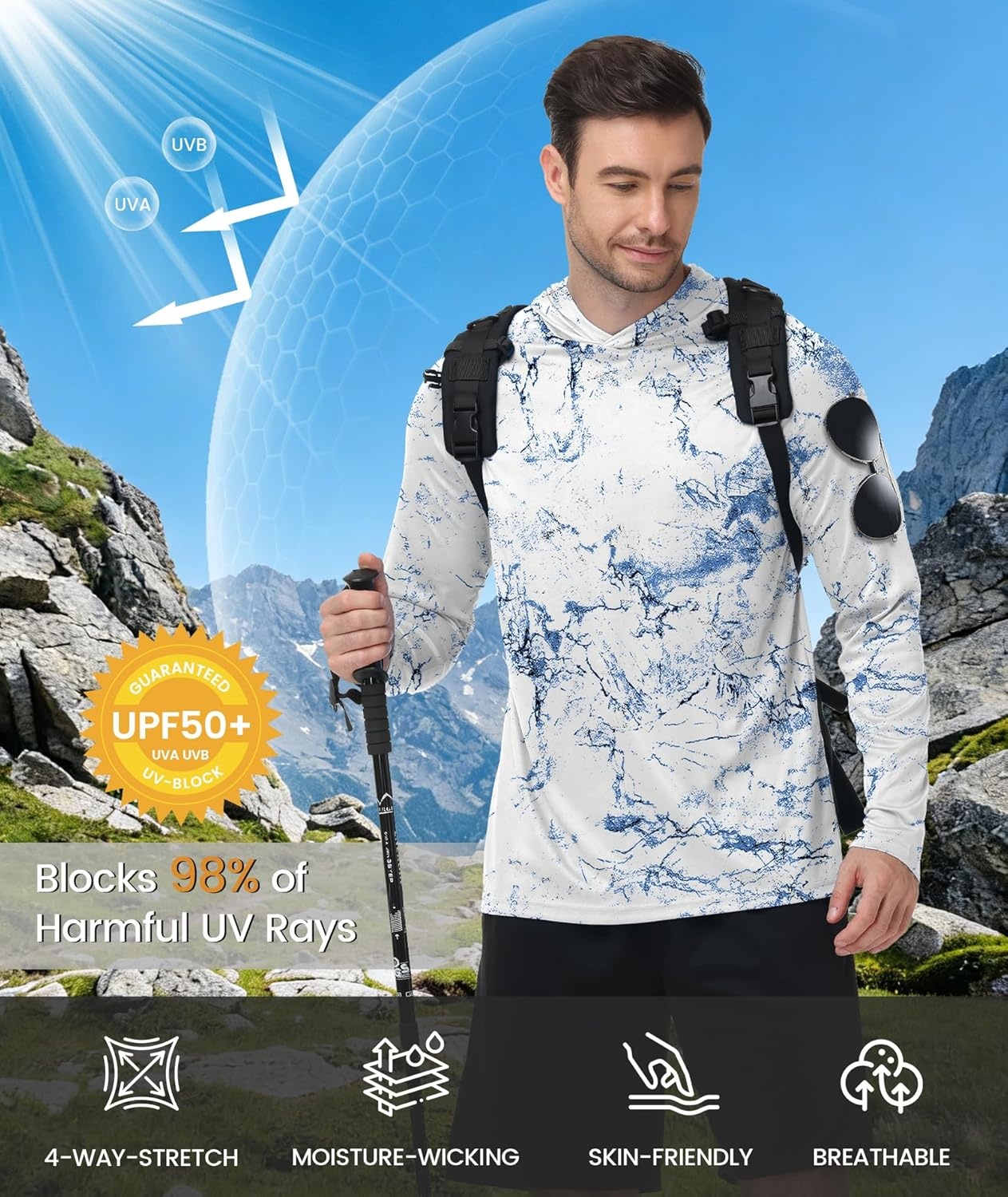 imageZITY Mens Sun Protection Shirts Long Sleeve Rash Guard Hoodie UV UPF 50 Fishing Running Athletic SweatshirtsAfunny Blue White