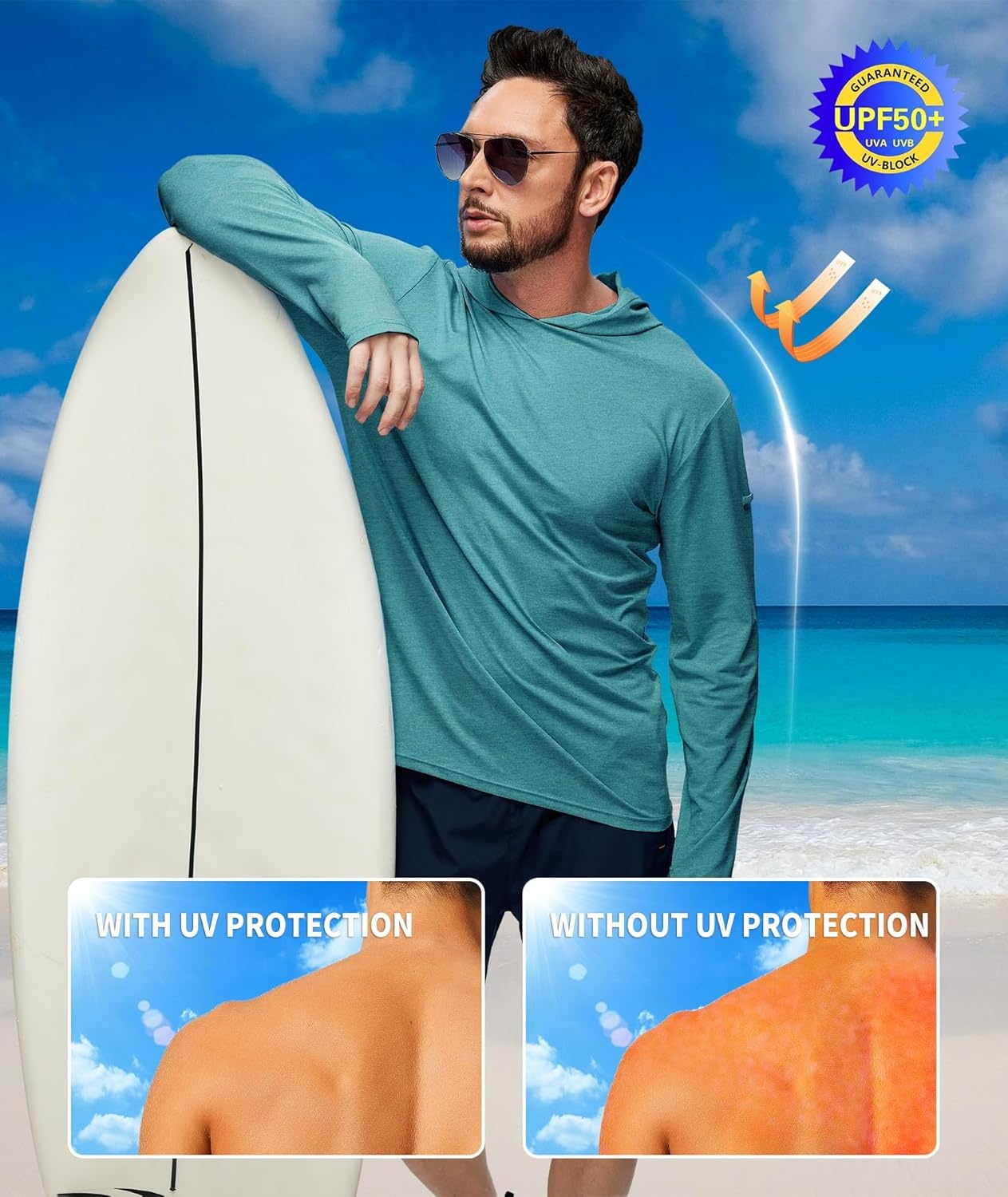 imageZITY Mens UPF 50 Hoodie Shirts Long Sleeve Sun Protection Athletic Lightweight Rash Guard for Fishing Hiking WorkoutHeather Green
