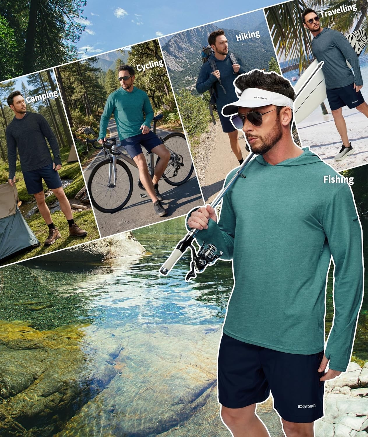 imageZITY Mens UPF 50 Hoodie Shirts Long Sleeve Sun Protection Athletic Lightweight Rash Guard for Fishing Hiking WorkoutHeather Green