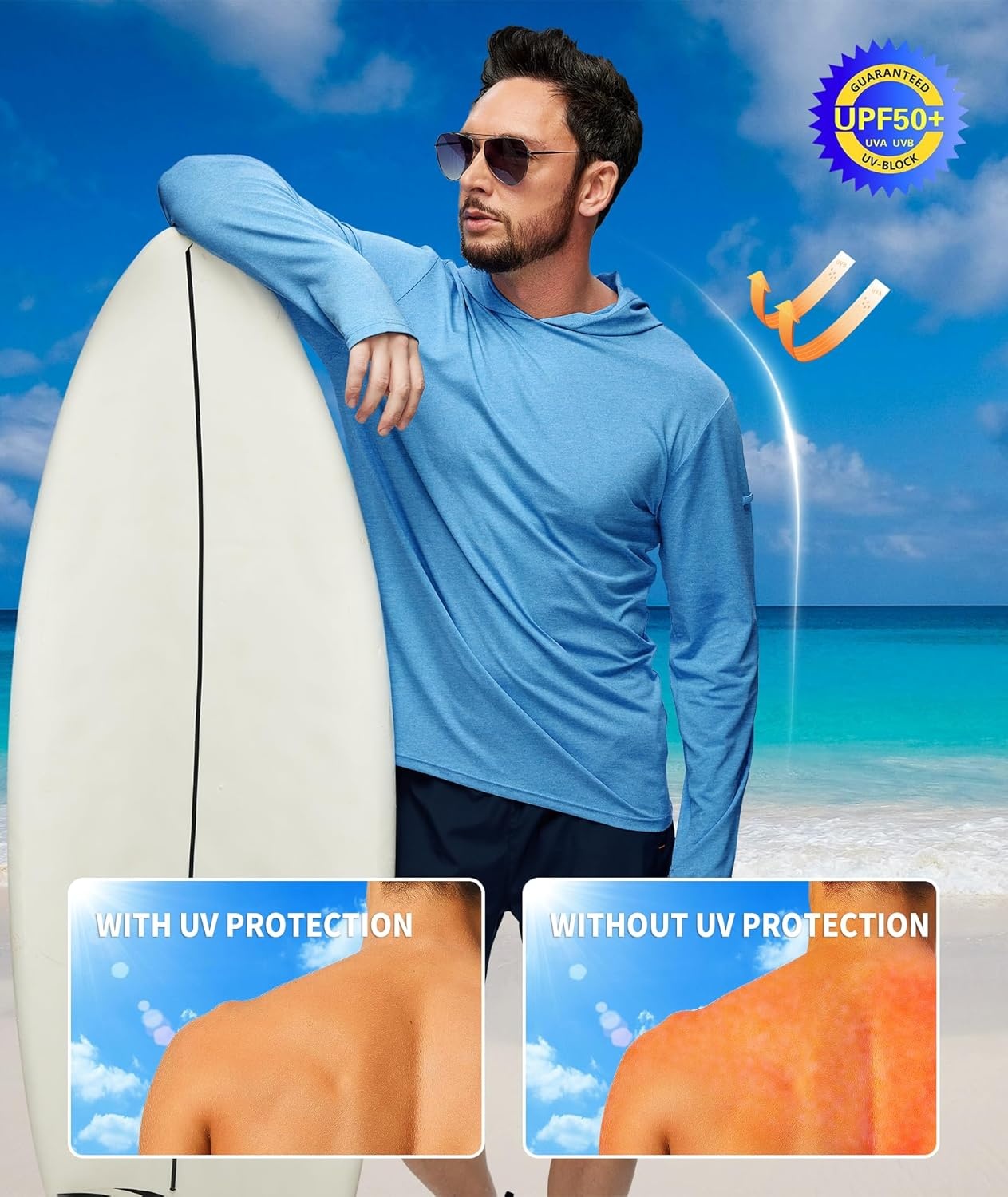 imageZITY Mens UPF 50 Hoodie Shirts Long Sleeve Sun Protection Athletic Lightweight Rash Guard for Fishing Hiking WorkoutHeather Light Blue