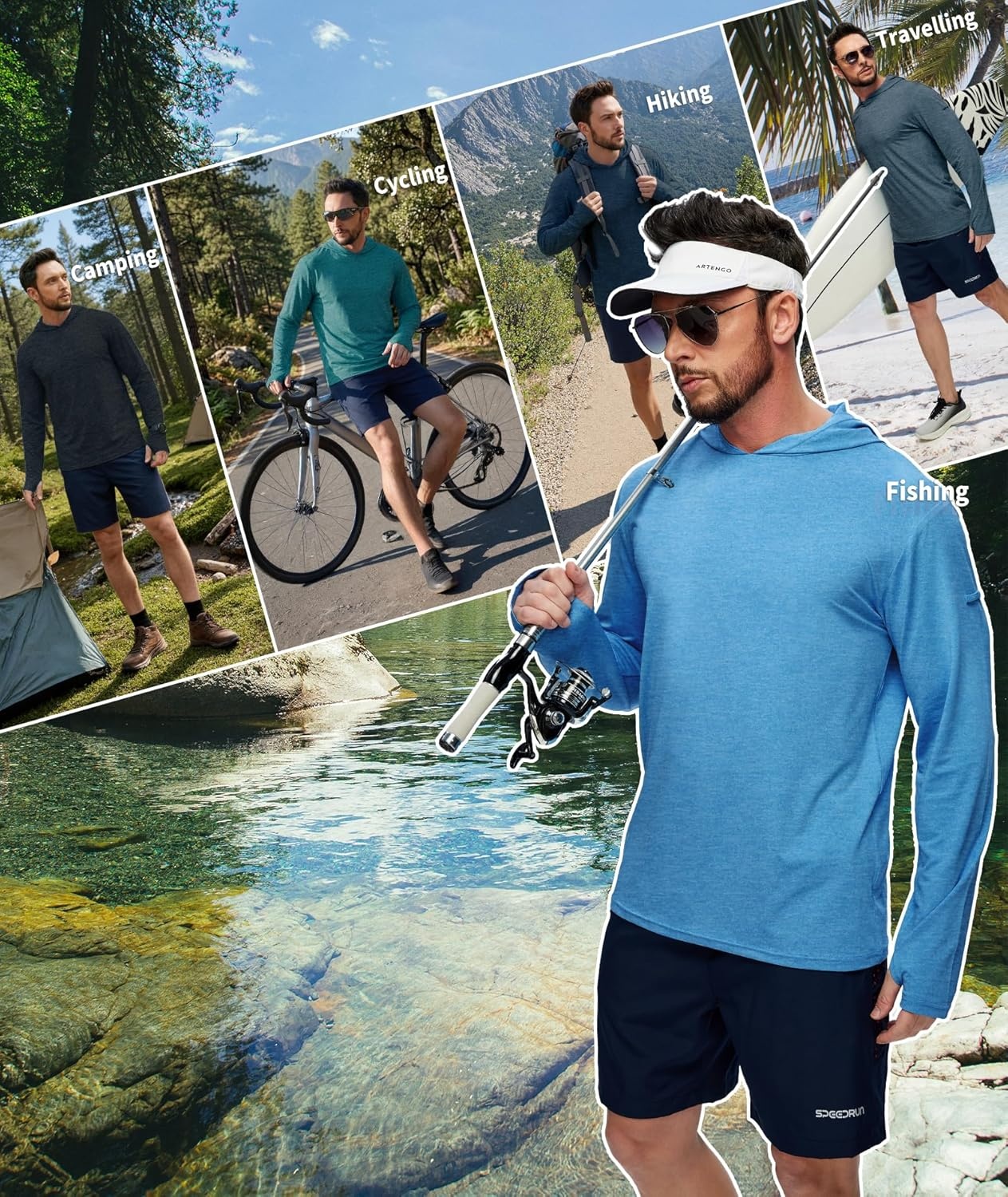 imageZITY Mens UPF 50 Hoodie Shirts Long Sleeve Sun Protection Athletic Lightweight Rash Guard for Fishing Hiking WorkoutHeather Light Blue