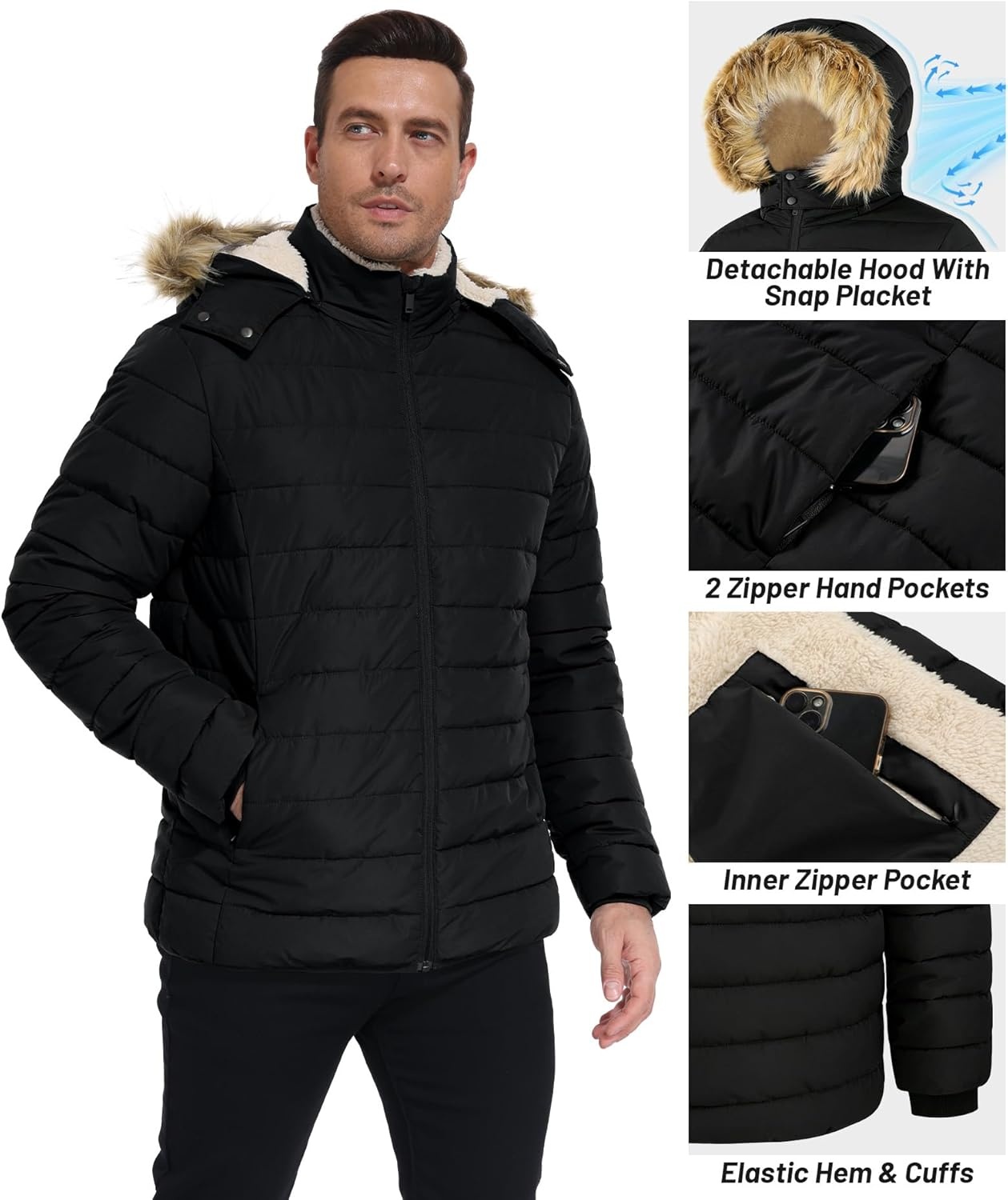 imageZITY Mens Winter Jackets Sherpa Lined Coats Insulated WaterResistant Fleece Jacket with Detachable Hood Warm Puffer ParkaBlack