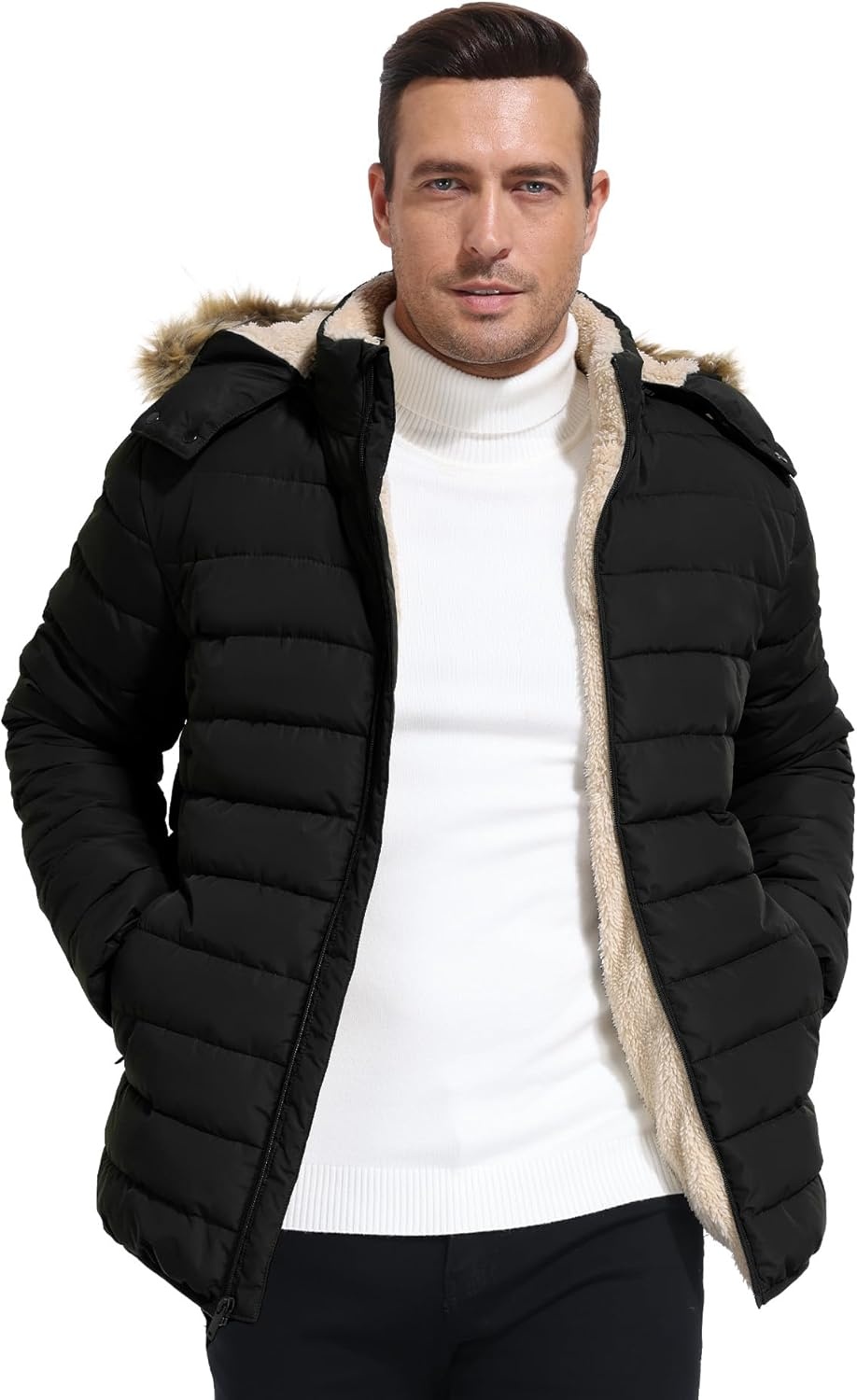 imageZITY Mens Winter Jackets Sherpa Lined Coats Insulated WaterResistant Fleece Jacket with Detachable Hood Warm Puffer ParkaBlack