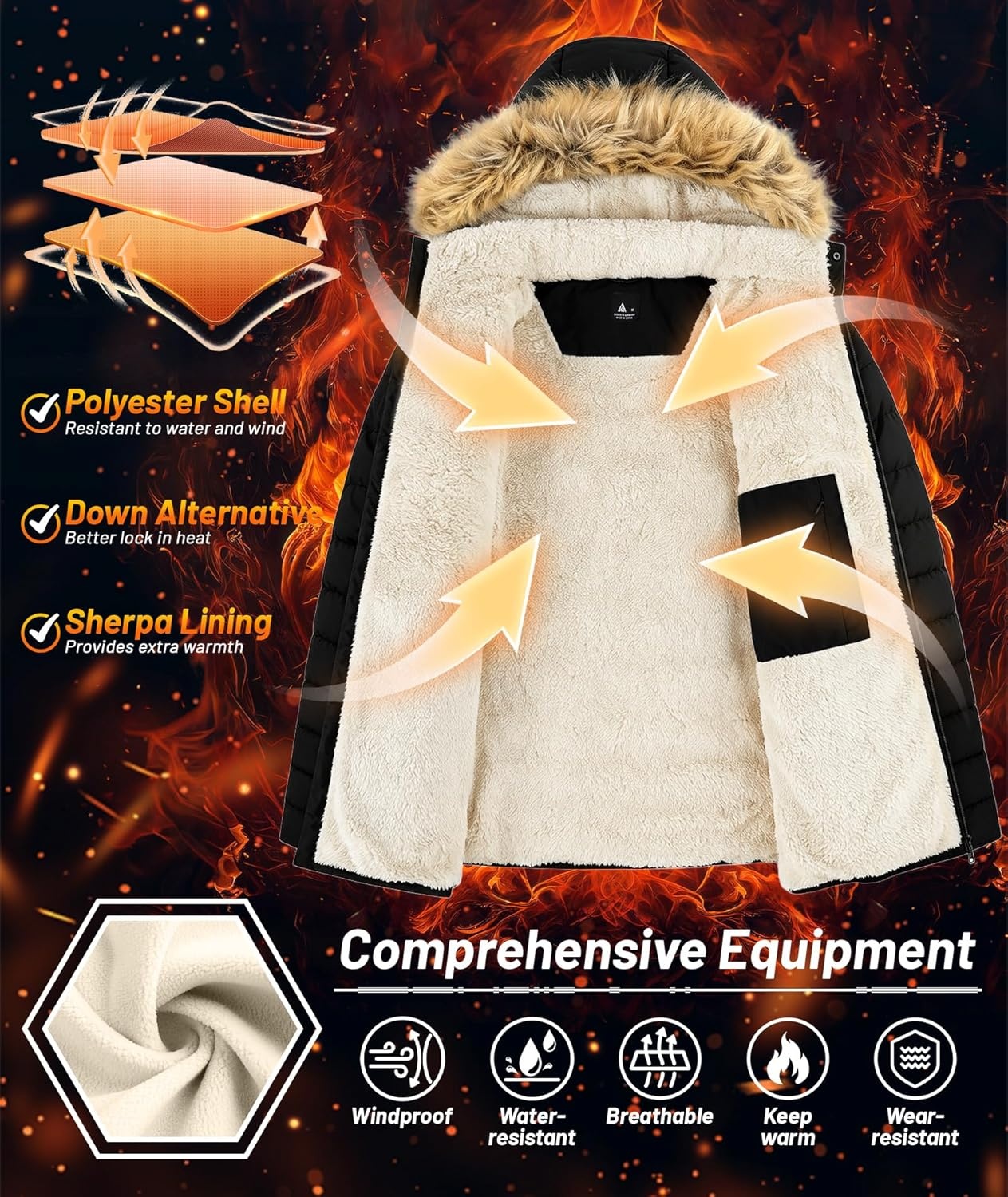 imageZITY Mens Winter Jackets Sherpa Lined Coats Insulated WaterResistant Fleece Jacket with Detachable Hood Warm Puffer ParkaBlack