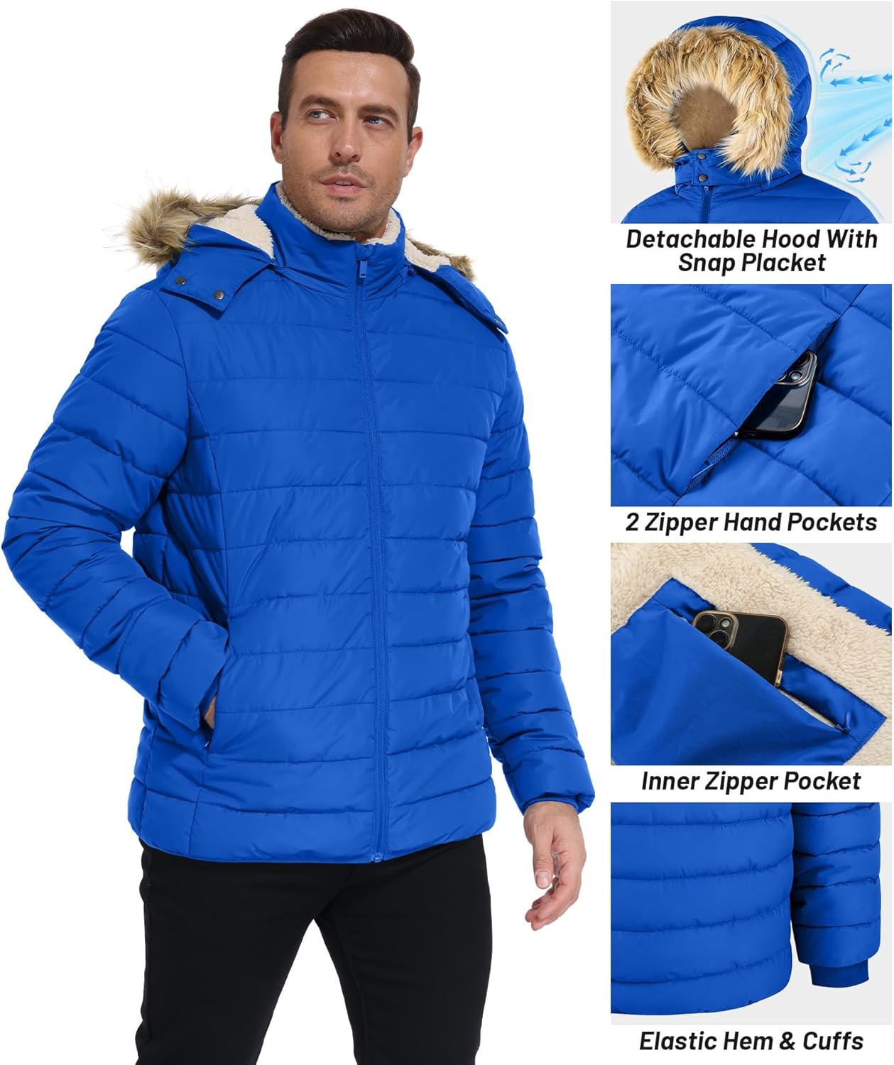 imageZITY Mens Winter Jackets Sherpa Lined Coats Insulated WaterResistant Fleece Jacket with Detachable Hood Warm Puffer ParkaBlue