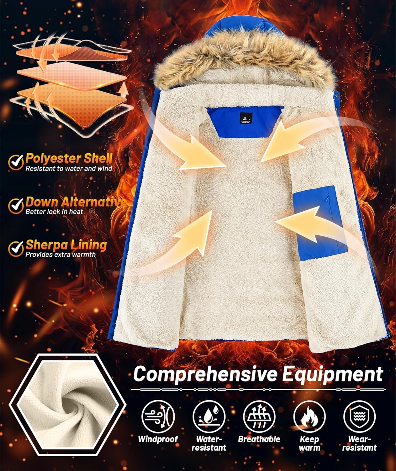 imageZITY Mens Winter Jackets Sherpa Lined Coats Insulated WaterResistant Fleece Jacket with Detachable Hood Warm Puffer ParkaBlue