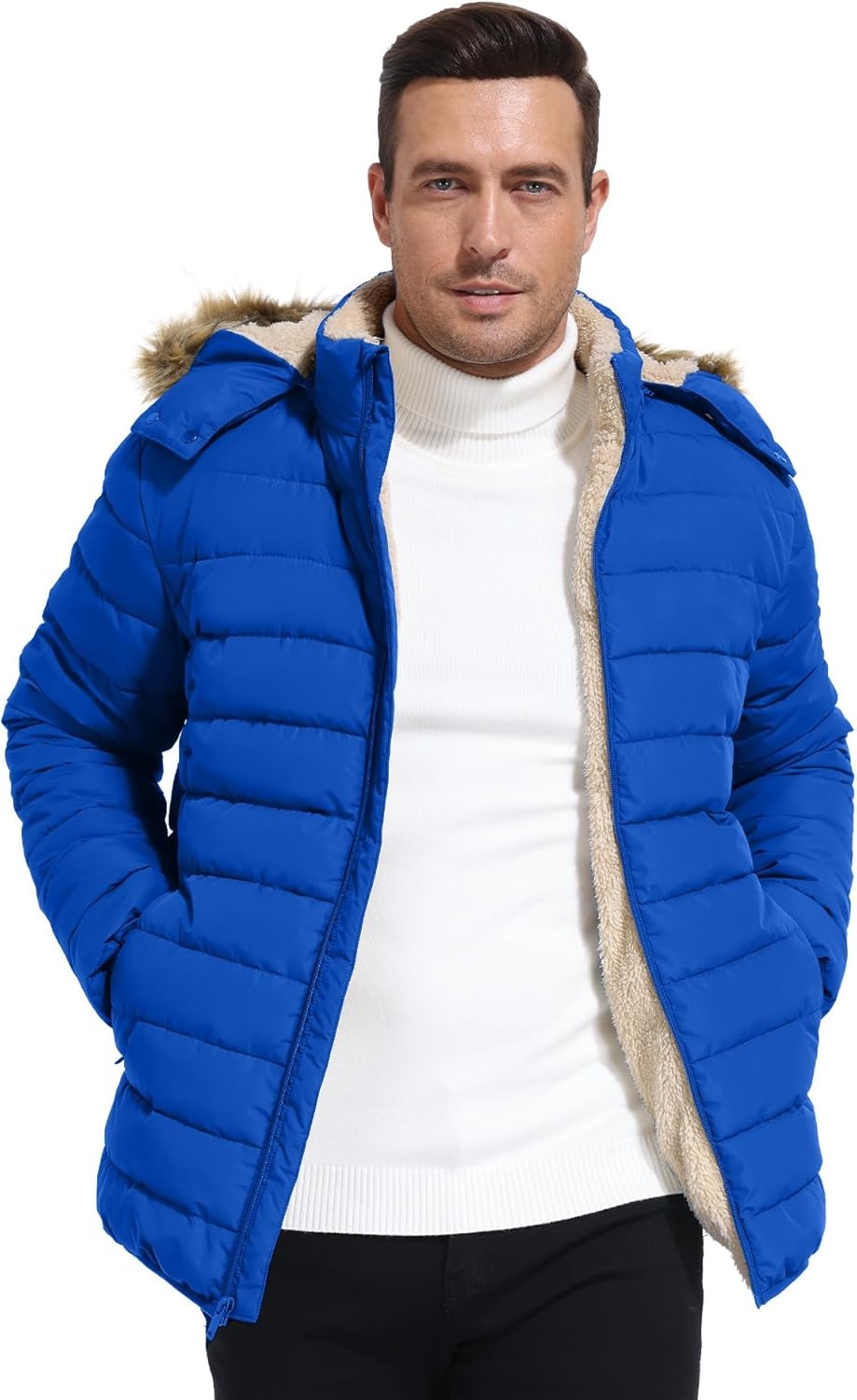 imageZITY Mens Winter Jackets Sherpa Lined Coats Insulated WaterResistant Fleece Jacket with Detachable Hood Warm Puffer ParkaBlue