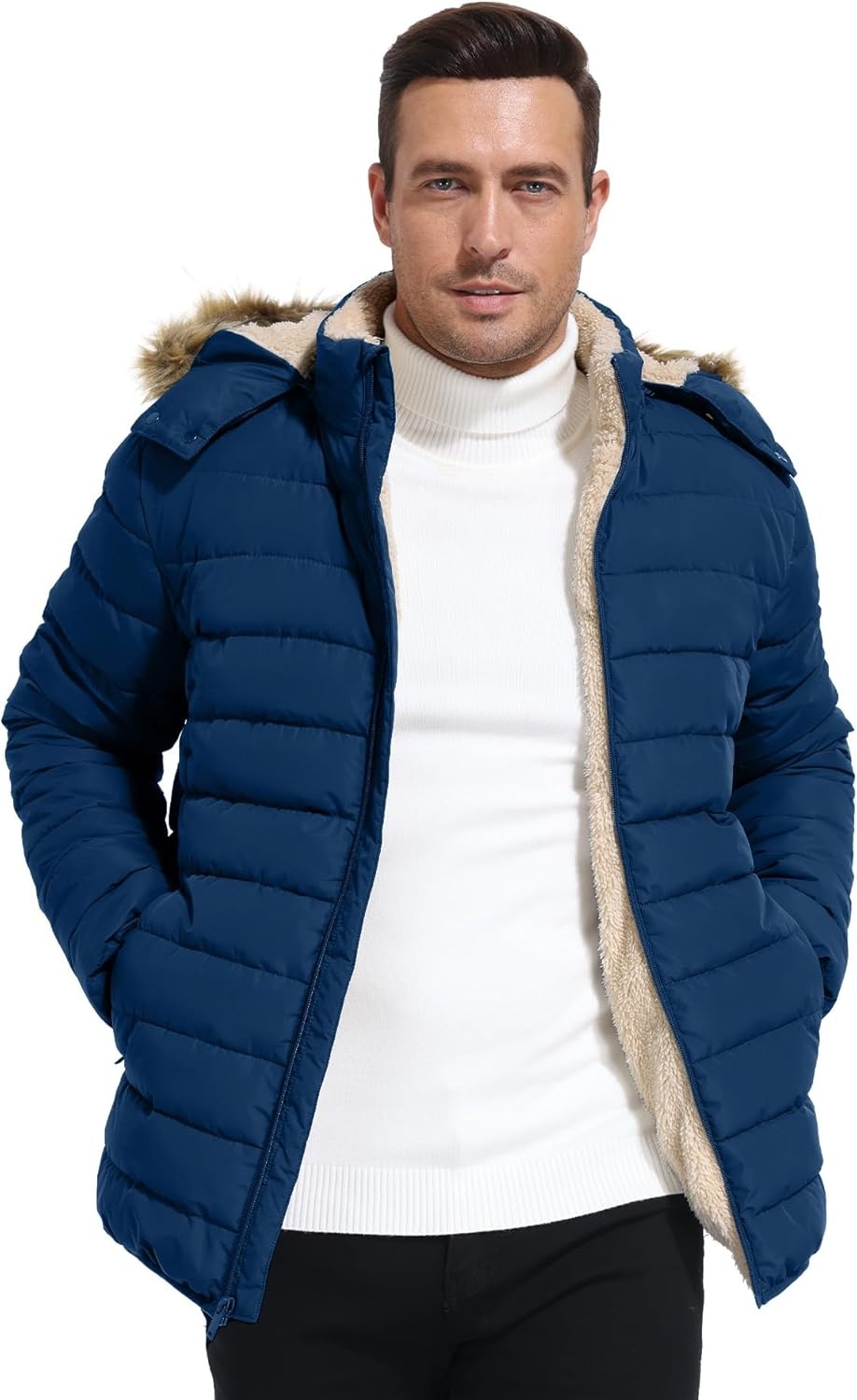 imageZITY Mens Winter Jackets Sherpa Lined Coats Insulated WaterResistant Fleece Jacket with Detachable Hood Warm Puffer ParkaDark Blue