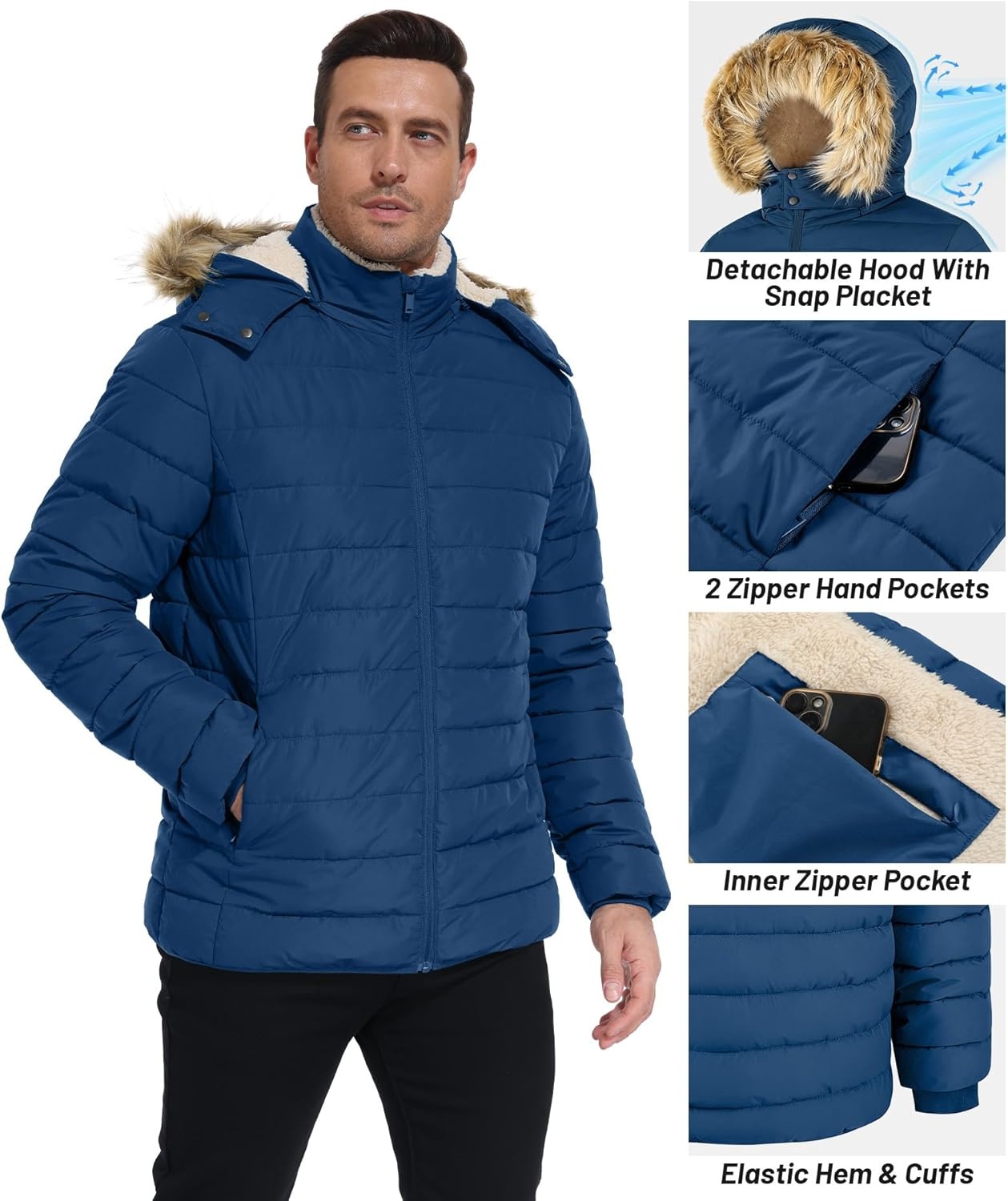 imageZITY Mens Winter Jackets Sherpa Lined Coats Insulated WaterResistant Fleece Jacket with Detachable Hood Warm Puffer ParkaDark Blue