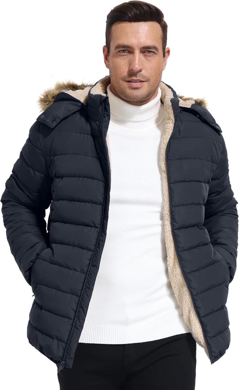 imageZITY Mens Winter Jackets Sherpa Lined Coats Insulated WaterResistant Fleece Jacket with Detachable Hood Warm Puffer ParkaDark Grey