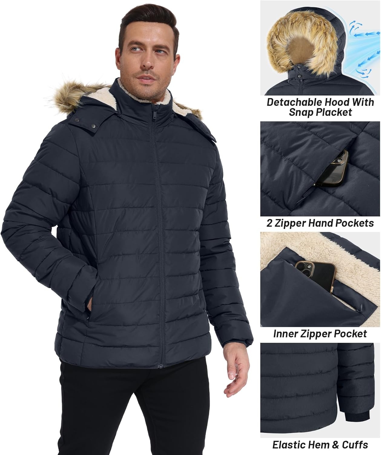 imageZITY Mens Winter Jackets Sherpa Lined Coats Insulated WaterResistant Fleece Jacket with Detachable Hood Warm Puffer ParkaDark Grey