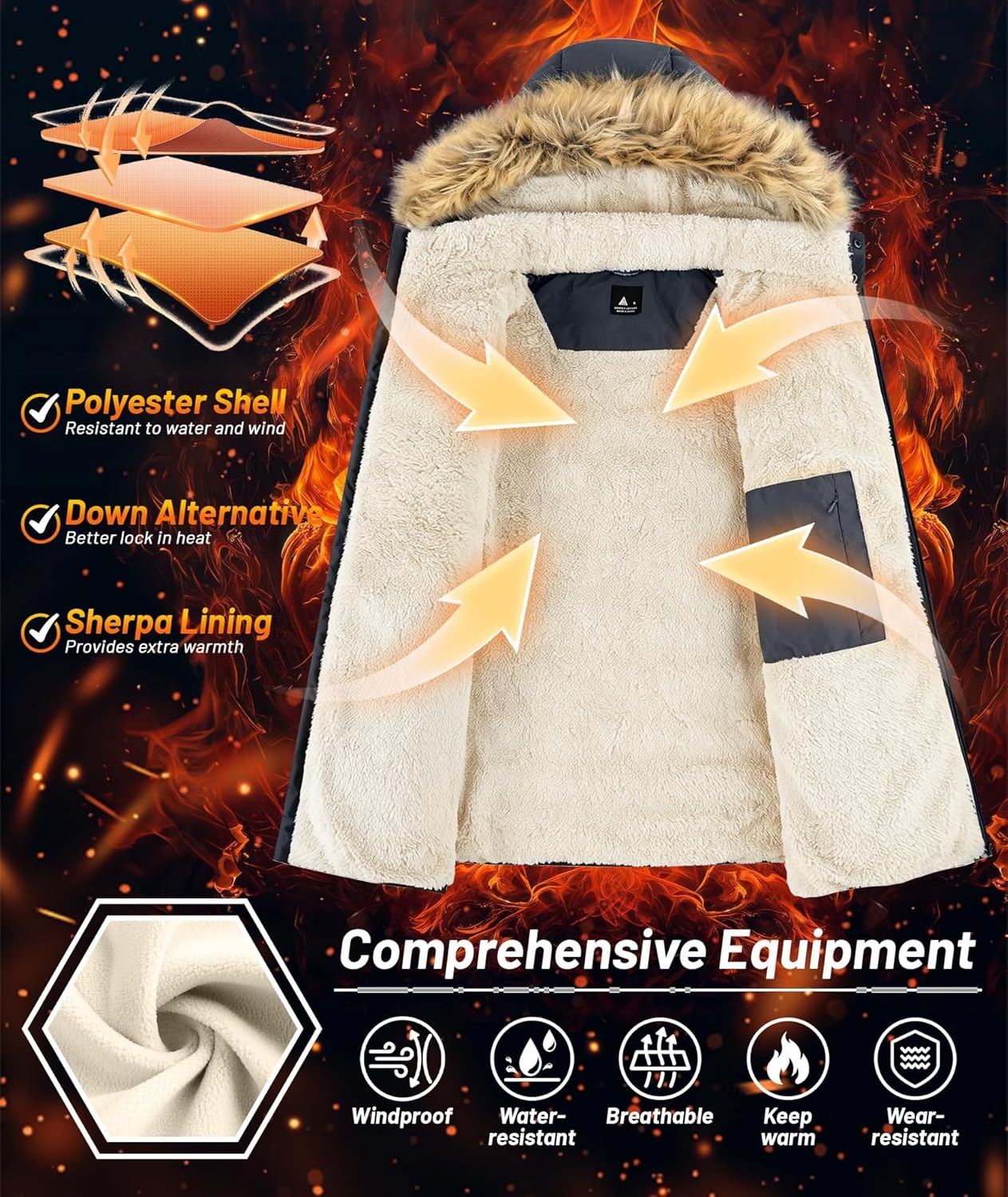 imageZITY Mens Winter Jackets Sherpa Lined Coats Insulated WaterResistant Fleece Jacket with Detachable Hood Warm Puffer ParkaDark Grey