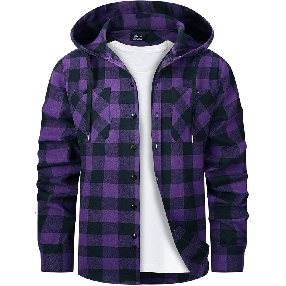 imageHooded Flannel Shirts for Men Long Sleeve Plaid Hoodie Jackets Shirts Casual Button Down Shirt with Pocket Purple