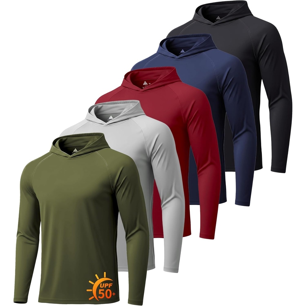 imageZITY 5 Pack Mens UPF 50 Hoodie Shirts Sun Protection Athletic Fast Dry Lightweight Rashguard for Fishing Hiking WorkoutArmy GreenBurgundyLight GrayNavy BlueBlack