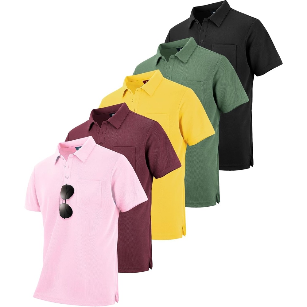 imageZITY 5 Pack Polo Shirts for Men with Pocket Dry Quickly Short Sleeve Athletic Outdoor Work Collared ShirtsPinkwine Reddark Yellowarmy Greenblack