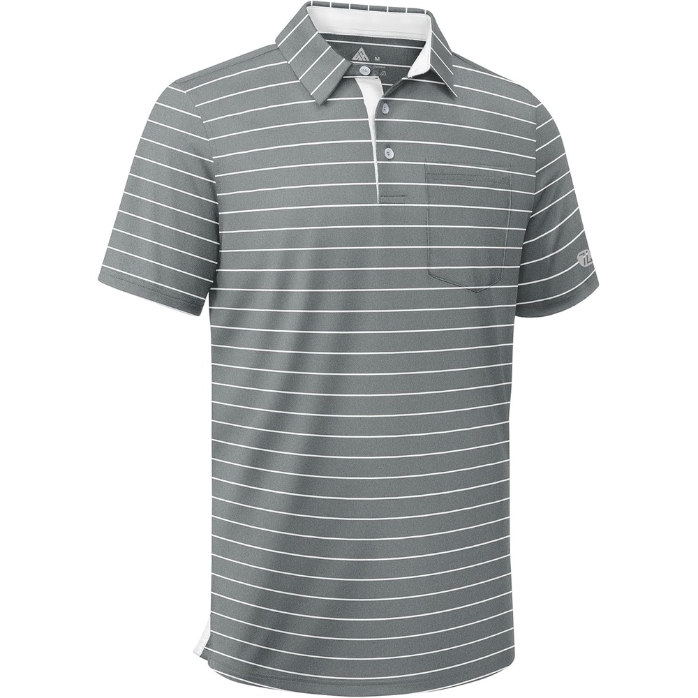 imageZITY Men Golf Polo Shirts Short Sleeve Striped UPF 50 Moisture Wicking Casual Collared Print TShirt for MenZ Grey Striped