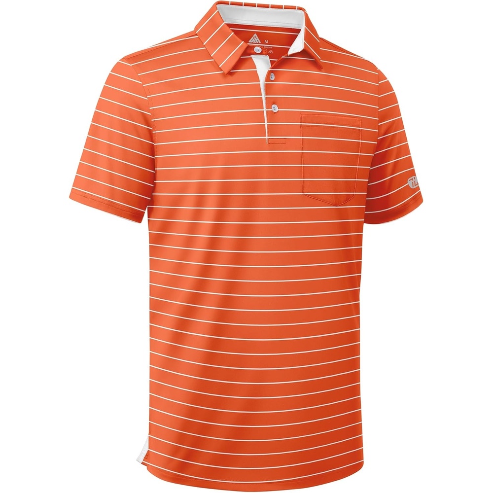 imageZITY Men Golf Polo Shirts Short Sleeve Striped UPF 50 Moisture Wicking Casual Collared Print TShirt for MenZ Orange Striped