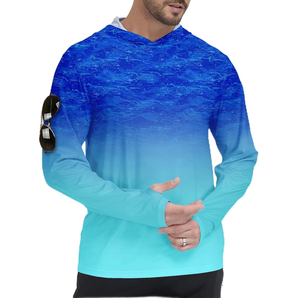 imageZITY Mens Sun Protection Shirts Long Sleeve Rash Guard Hoodie UV UPF 50 Fishing Running Athletic SweatshirtsAfunny Blue Fish
