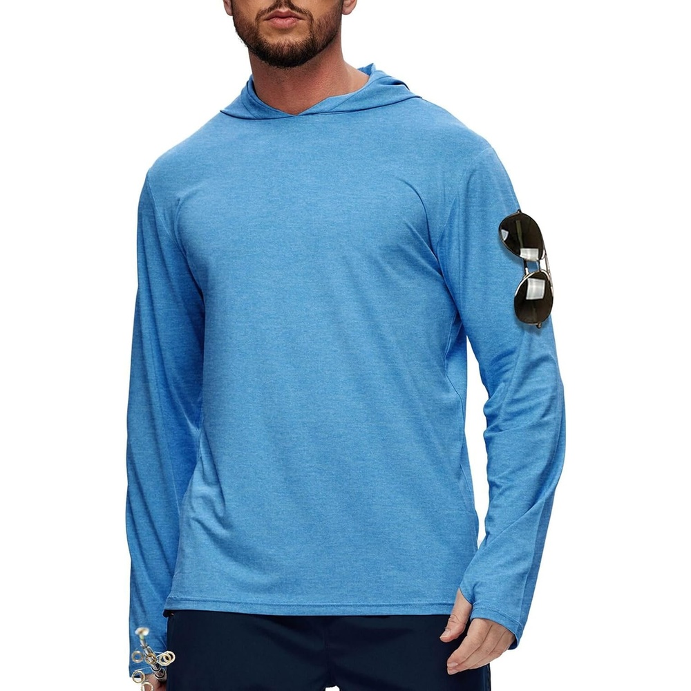 imageZITY Mens UPF 50 Hoodie Shirts Long Sleeve Sun Protection Athletic Lightweight Rash Guard for Fishing Hiking WorkoutHeather Light Blue