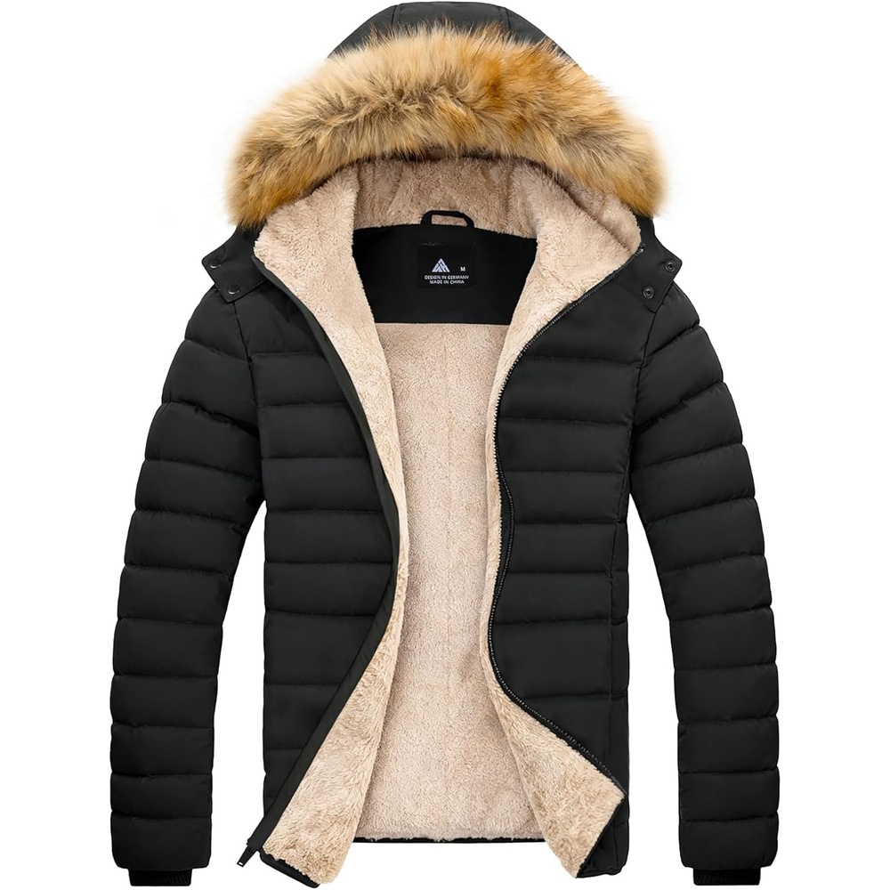 imageZITY Mens Winter Jackets Sherpa Lined Coats Insulated WaterResistant Fleece Jacket with Detachable Hood Warm Puffer ParkaBlack