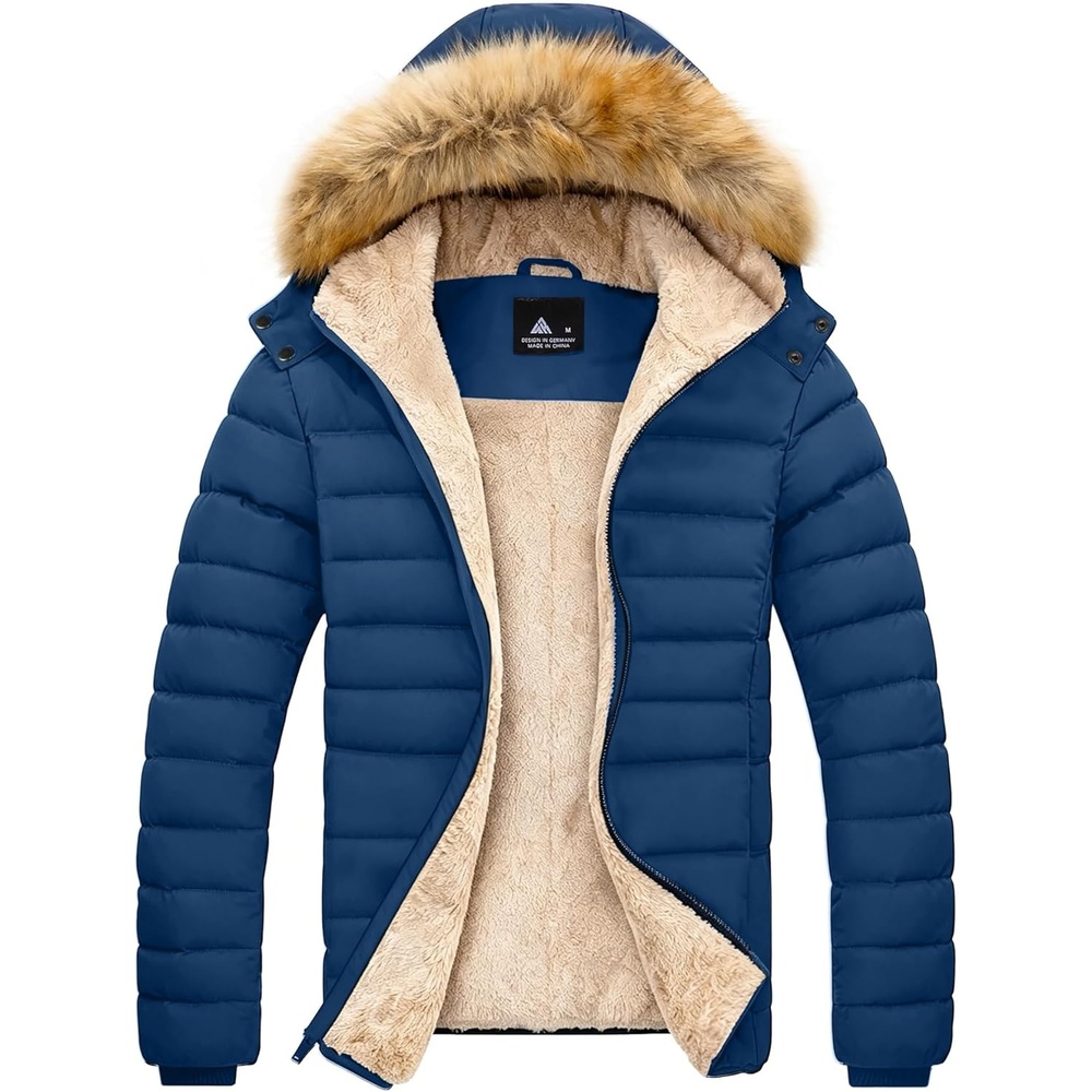 imageZITY Mens Winter Jackets Sherpa Lined Coats Insulated WaterResistant Fleece Jacket with Detachable Hood Warm Puffer ParkaDark Blue