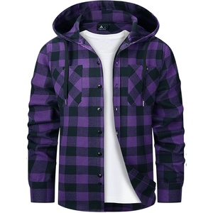 Hooded Flannel Shirts for Men Long Sleeve Plaid Hoodie Jackets Shirts Casual Button Down Shirt with Pocket Purple