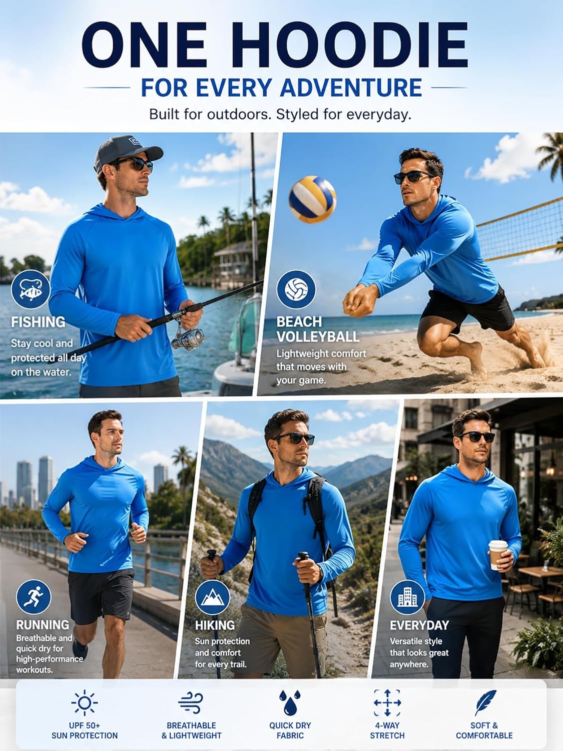image:imageZITY 3 Pack Mens Sun Protection Hoodie Shirt Fishing Shirts for Men UPF 50 Long Sleeve Shirt Lightweight Rash GuardSky Blue
