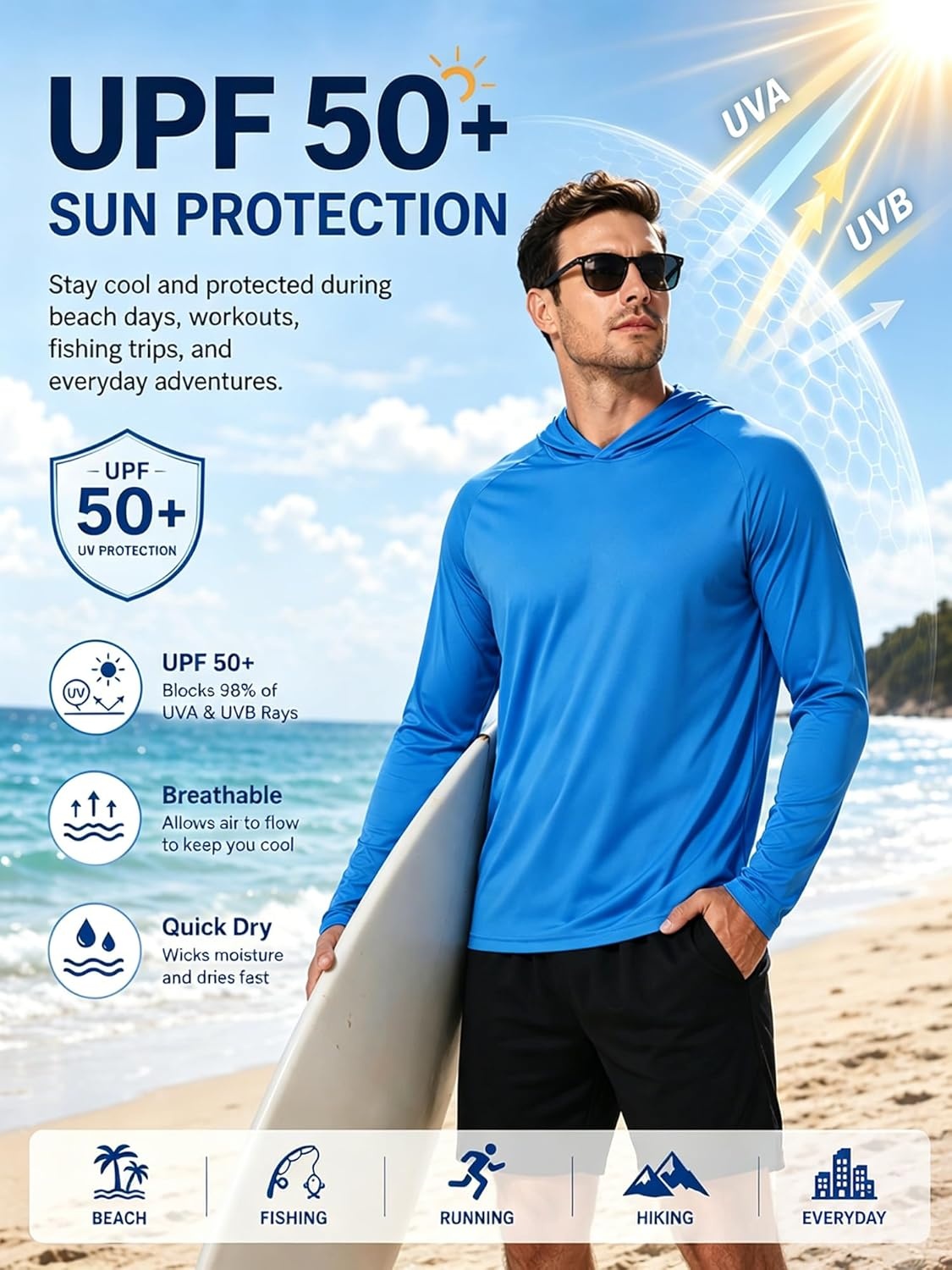 image:imageZITY 3 Pack Mens Sun Protection Hoodie Shirt Fishing Shirts for Men UPF 50 Long Sleeve Shirt Lightweight Rash GuardSky Blue