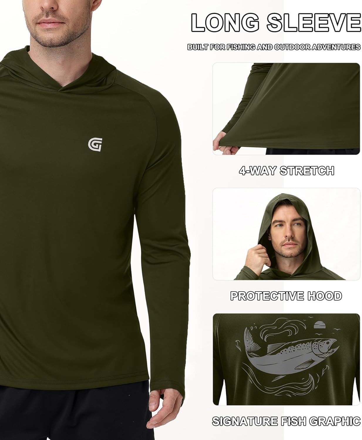 image:imageZITY Fishing Shirts for Men UPF 50 Sun Protection Hoodie Long Sleeve Rash Guard Lightweight Quick Dry UV ShirtArmy Green