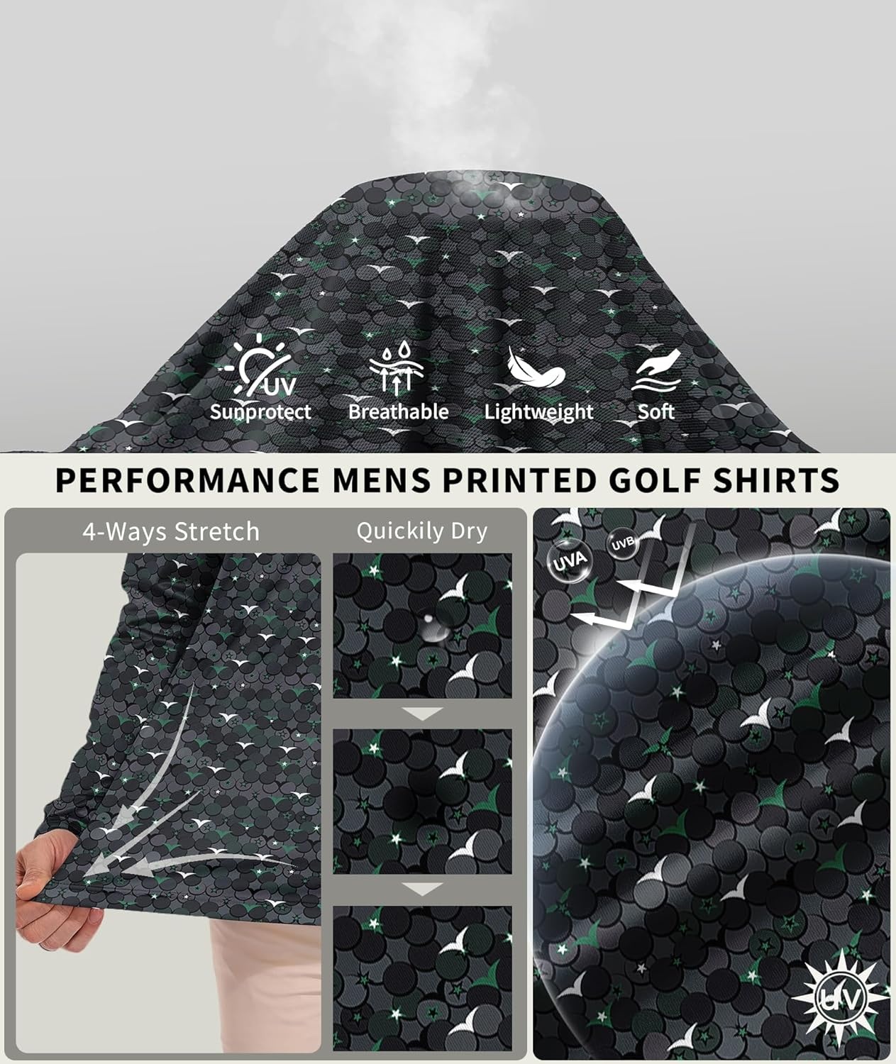 image:imageZITY Long Sleeve Polo Shirts for Men Print Golf Shirts UPF 50 Lightweight Casual Collared Shirts for Men Work Fish OutdoorDark Green Snakeskin