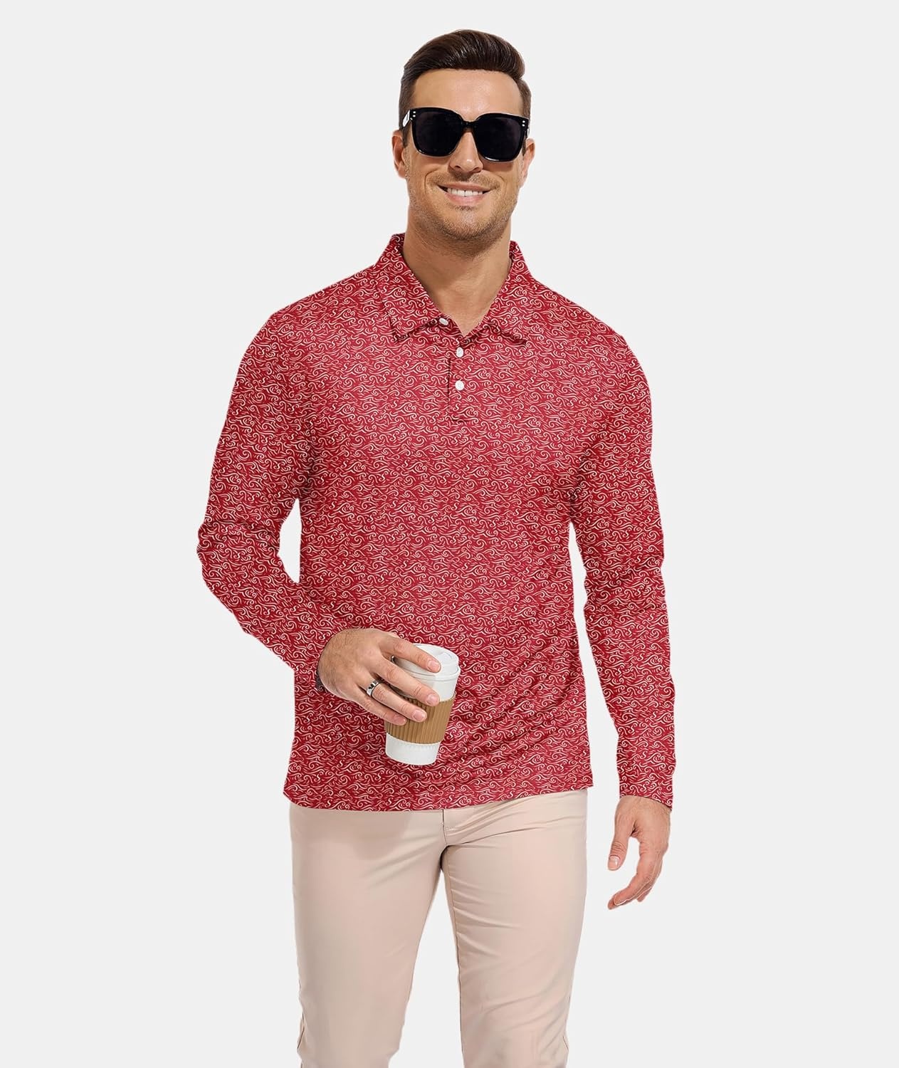 image:imageZITY Long Sleeve Polo Shirts for Men Print Golf Shirts UPF 50 Lightweight Casual Collared Shirts for Men Work Fish OutdoorRed Wave