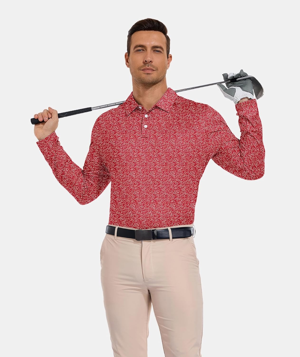 image:imageZITY Long Sleeve Polo Shirts for Men Print Golf Shirts UPF 50 Lightweight Casual Collared Shirts for Men Work Fish OutdoorRed Wave