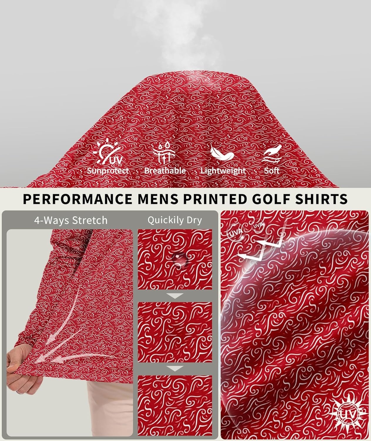 image:imageZITY Long Sleeve Polo Shirts for Men Print Golf Shirts UPF 50 Lightweight Casual Collared Shirts for Men Work Fish OutdoorRed Wave
