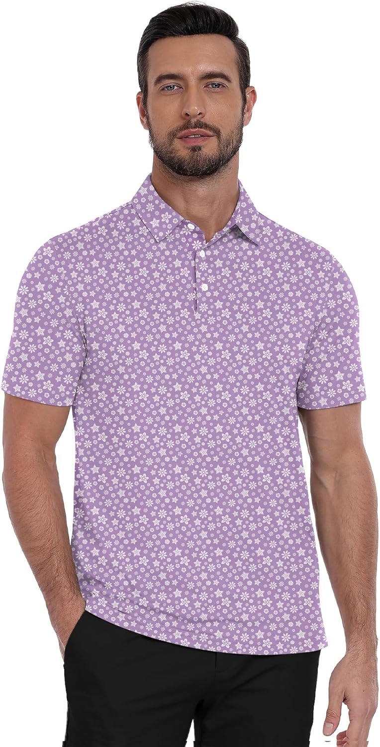 image:imageZITY Mens Golf Polo Shirt Short Sleeve Performance Moisture Wicking Collared Print Shirt for Golf and Casual WearPurple Flowers