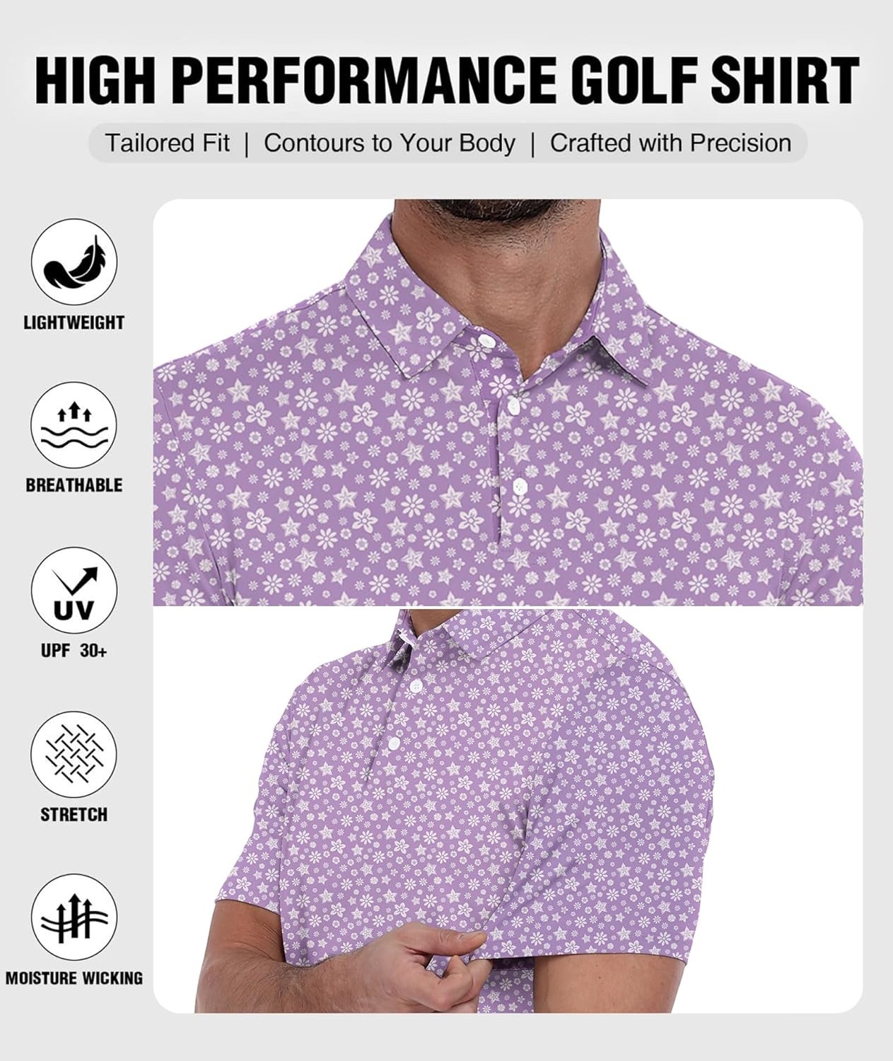 image:imageZITY Mens Golf Polo Shirt Short Sleeve Performance Moisture Wicking Collared Print Shirt for Golf and Casual WearPurple Flowers
