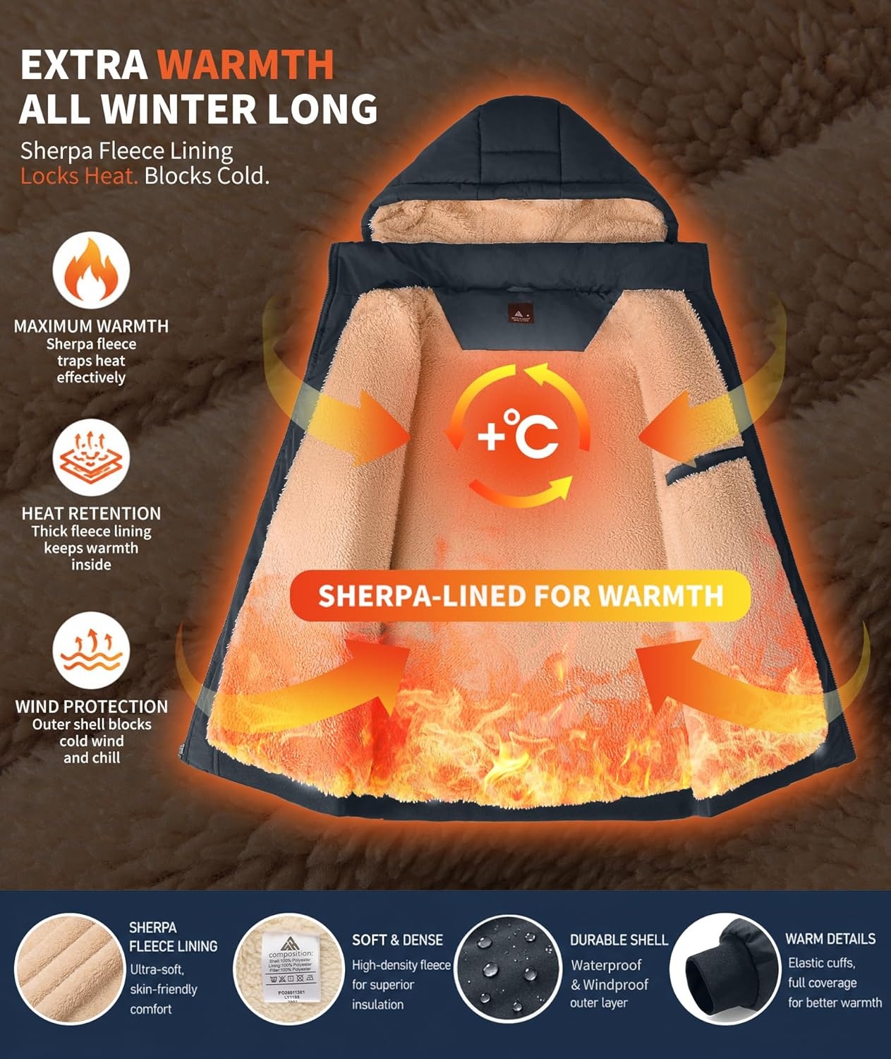 image:imageZITY Mens Winter Jackets Warm Puffer Coat Sherpa Fleece Parka WaterResistant Heavyweight Insulated Jacket with HoodBlack