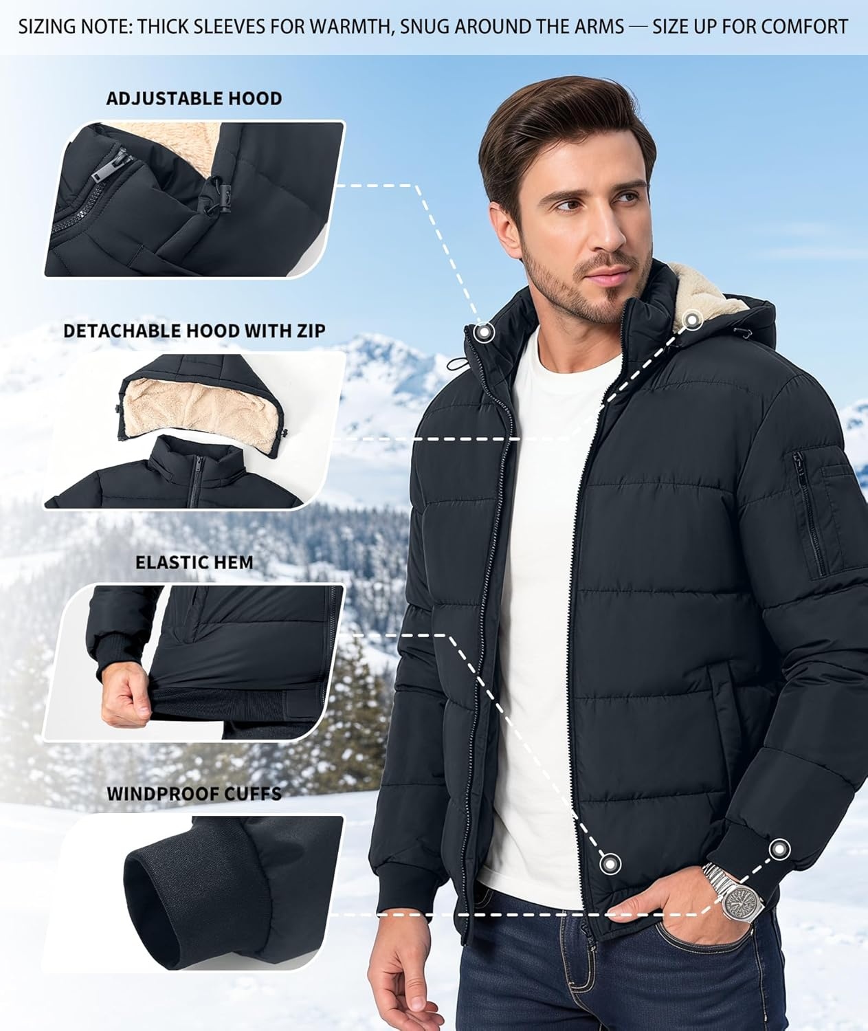 image:imageZITY Mens Winter Jackets Warm Puffer Coat Sherpa Fleece Parka WaterResistant Heavyweight Insulated Jacket with HoodBlack