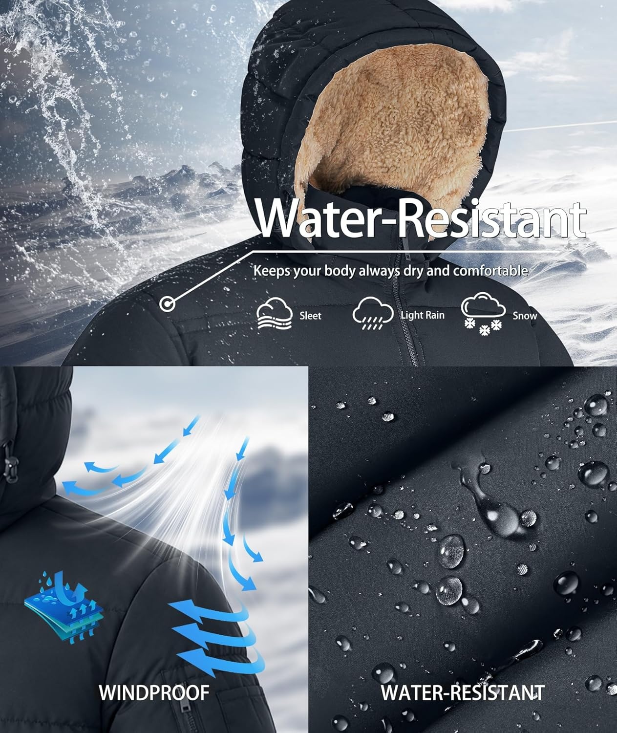 image:imageZITY Mens Winter Jackets Warm Puffer Coat Sherpa Fleece Parka WaterResistant Heavyweight Insulated Jacket with HoodBlack