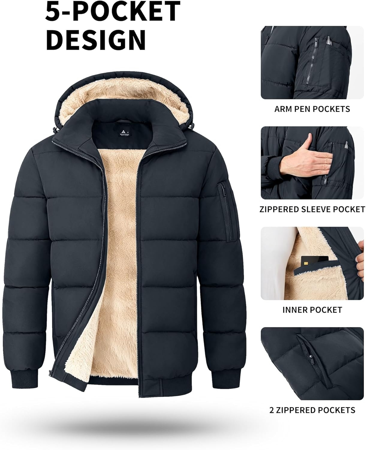 image:imageZITY Mens Winter Jackets Warm Puffer Coat Sherpa Fleece Parka WaterResistant Heavyweight Insulated Jacket with HoodBlack