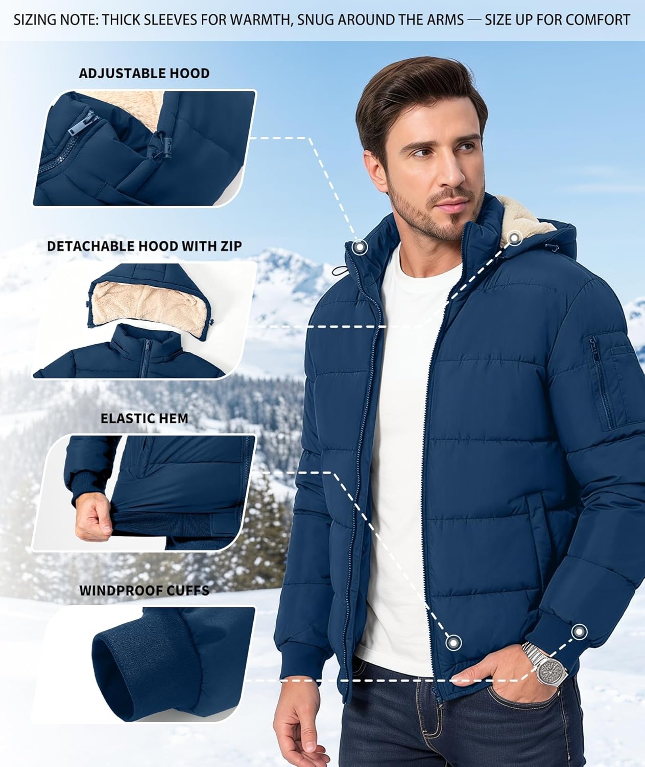 image:imageZITY Mens Winter Jackets Warm Puffer Coat Sherpa Fleece Parka WaterResistant Heavyweight Insulated Jacket with HoodDark Blue