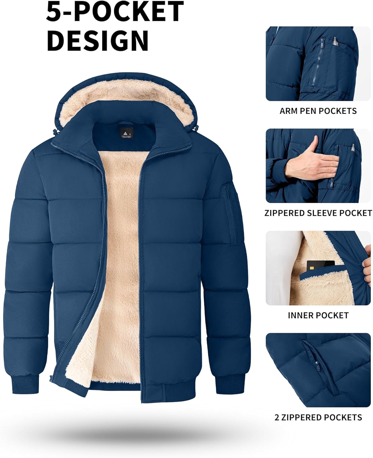 image:imageZITY Mens Winter Jackets Warm Puffer Coat Sherpa Fleece Parka WaterResistant Heavyweight Insulated Jacket with HoodDark Blue