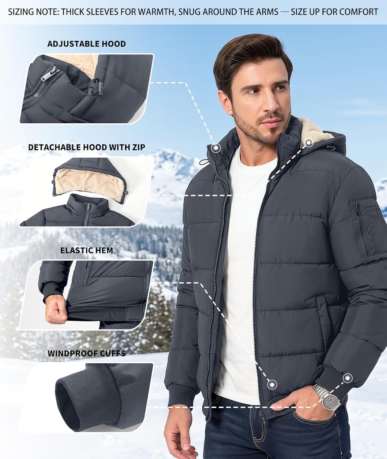image:imageZITY Mens Winter Jackets Warm Puffer Coat Sherpa Fleece Parka WaterResistant Heavyweight Insulated Jacket with HoodDark Gray