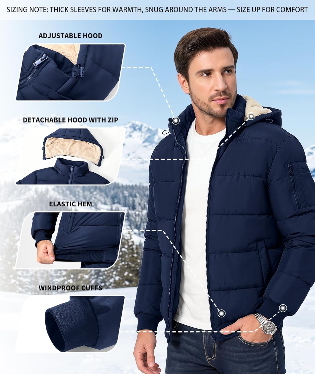 image:imageZITY Mens Winter Jackets Warm Puffer Coat Sherpa Fleece Parka WaterResistant Heavyweight Insulated Jacket with HoodNavy