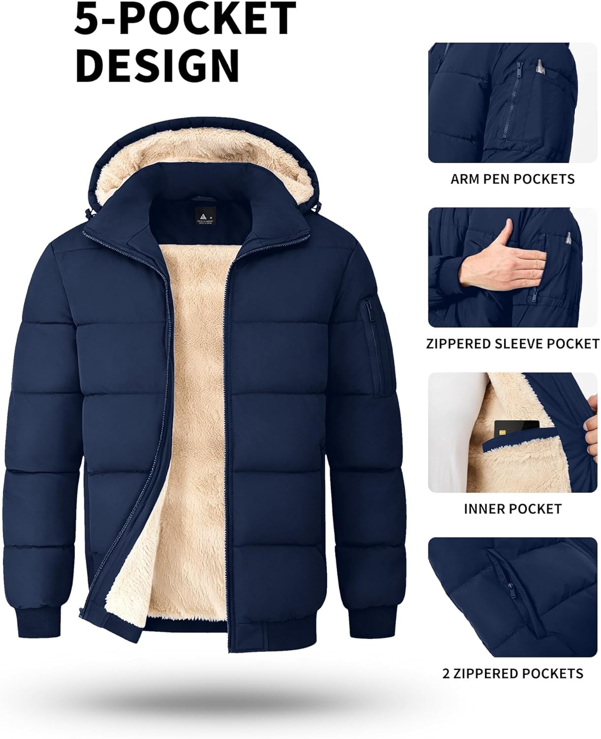 image:imageZITY Mens Winter Jackets Warm Puffer Coat Sherpa Fleece Parka WaterResistant Heavyweight Insulated Jacket with HoodNavy